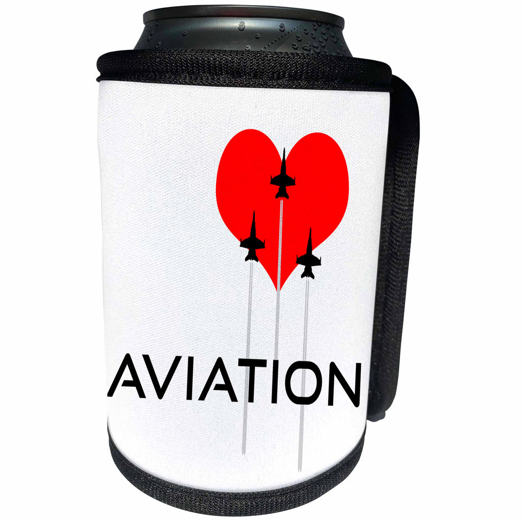 3dRose Alexis Design - Aviation - Red heart, three fighter planes, contrails. Text Aviation on white - Can Cooler Bottle Wrap (cc_272000)