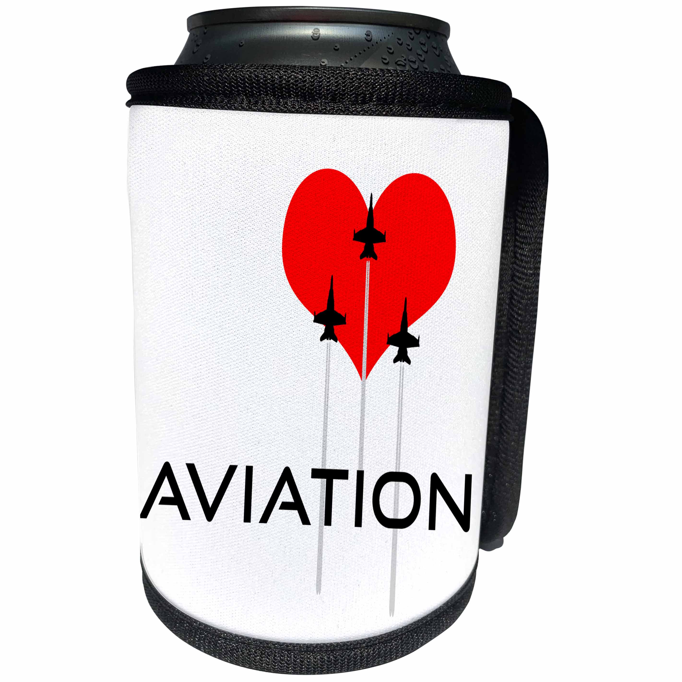 3dRose Alexis Design - Aviation - Red heart, three fighter planes, contrails. Text Aviation on white - Can Cooler Bottle Wrap (cc_272000)