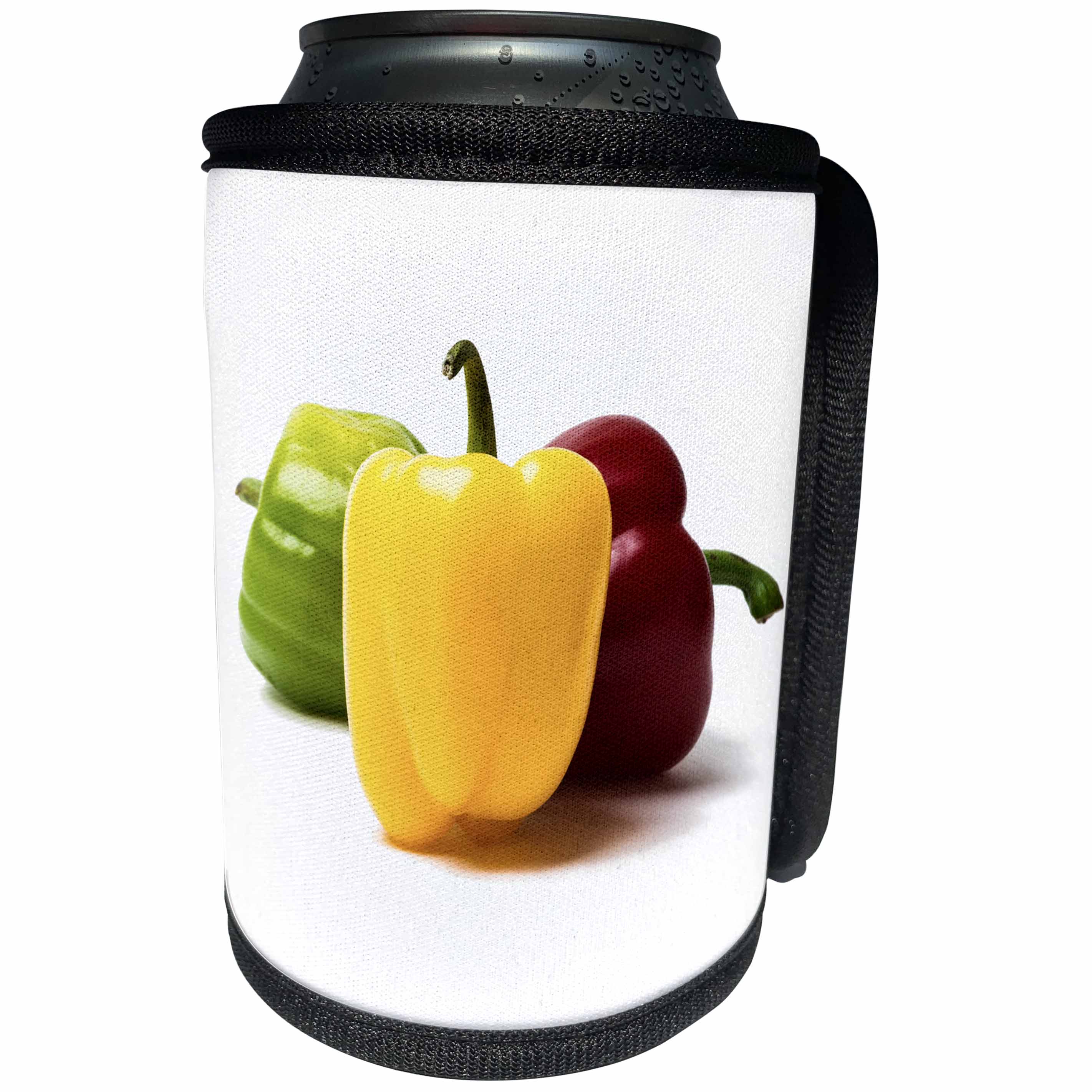 3dRose Alexis Photography - Food Bell Pepper - Red, yellow, green bell peppers on white. Yellow to the front - Can Cooler Bottle Wrap (cc_272081)