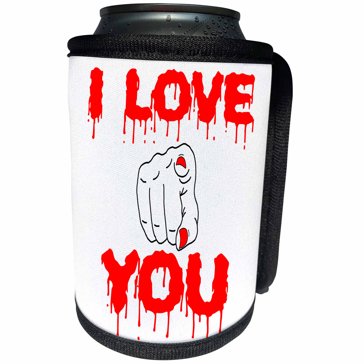 3dRose Alexis Design - Love - I Love You red text, female finger pointed at you on white - Can Cooler Bottle Wrap (cc_272115)