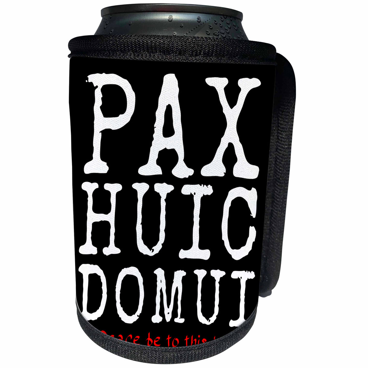 3dRose Alexis Design - Positive - Pax Huic Domui - Peace Be To This House in Latin on black - Can Cooler Bottle Wrap (cc_272117)