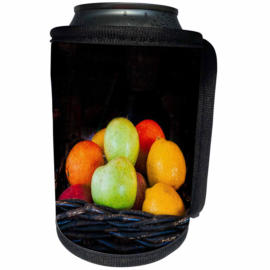 3dRose Alexis Photography - Food Fruit Mix - Apples, oranges, lemons in a wicker basket. Stylized photo - Can Cooler Bottle Wrap (cc_272126)