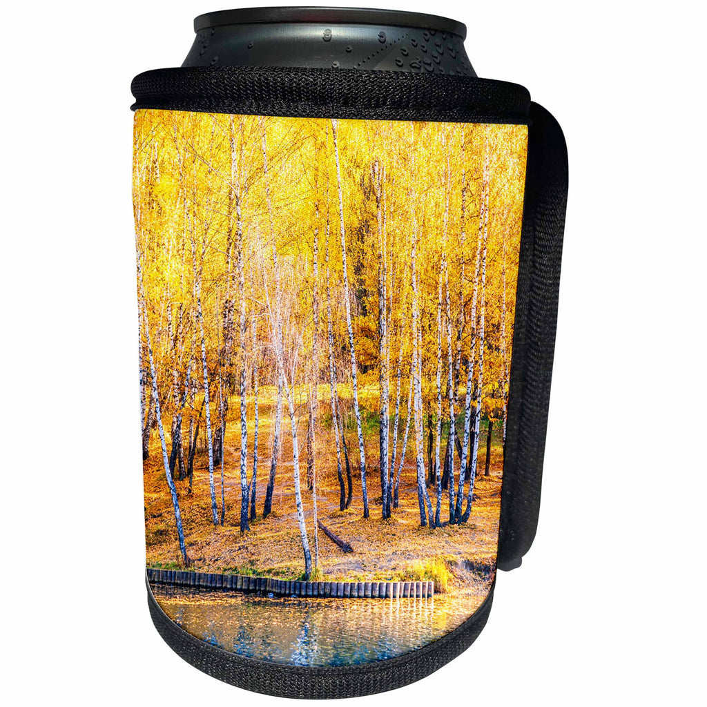 3dRose Alexis Photography - Seasons Autumn - Sunlit birch grove by the pond in golden autumn season - Can Cooler Bottle Wrap (cc_272161)