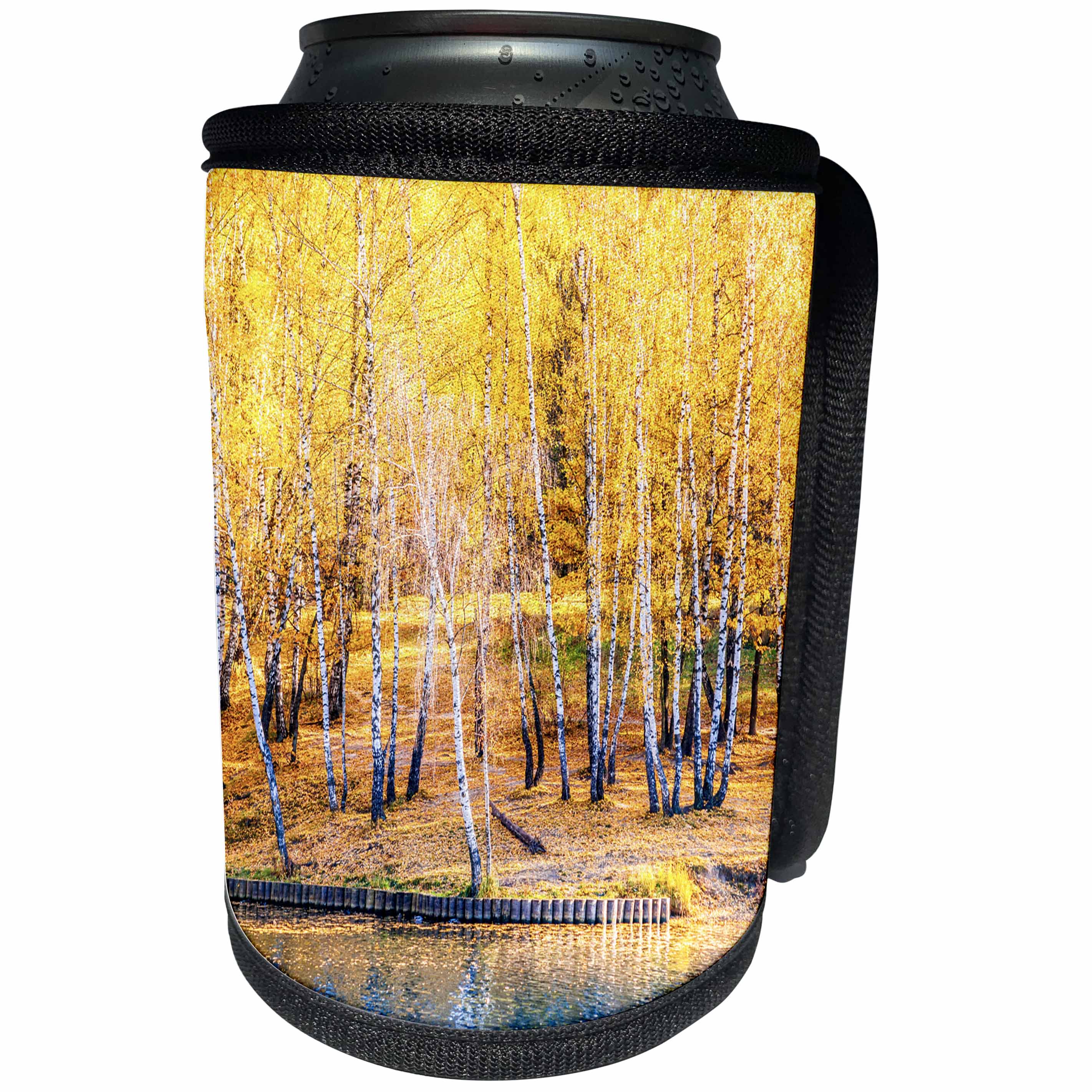 3dRose Alexis Photography - Seasons Autumn - Sunlit birch grove by the pond in golden autumn season - Can Cooler Bottle Wrap (cc_272161)