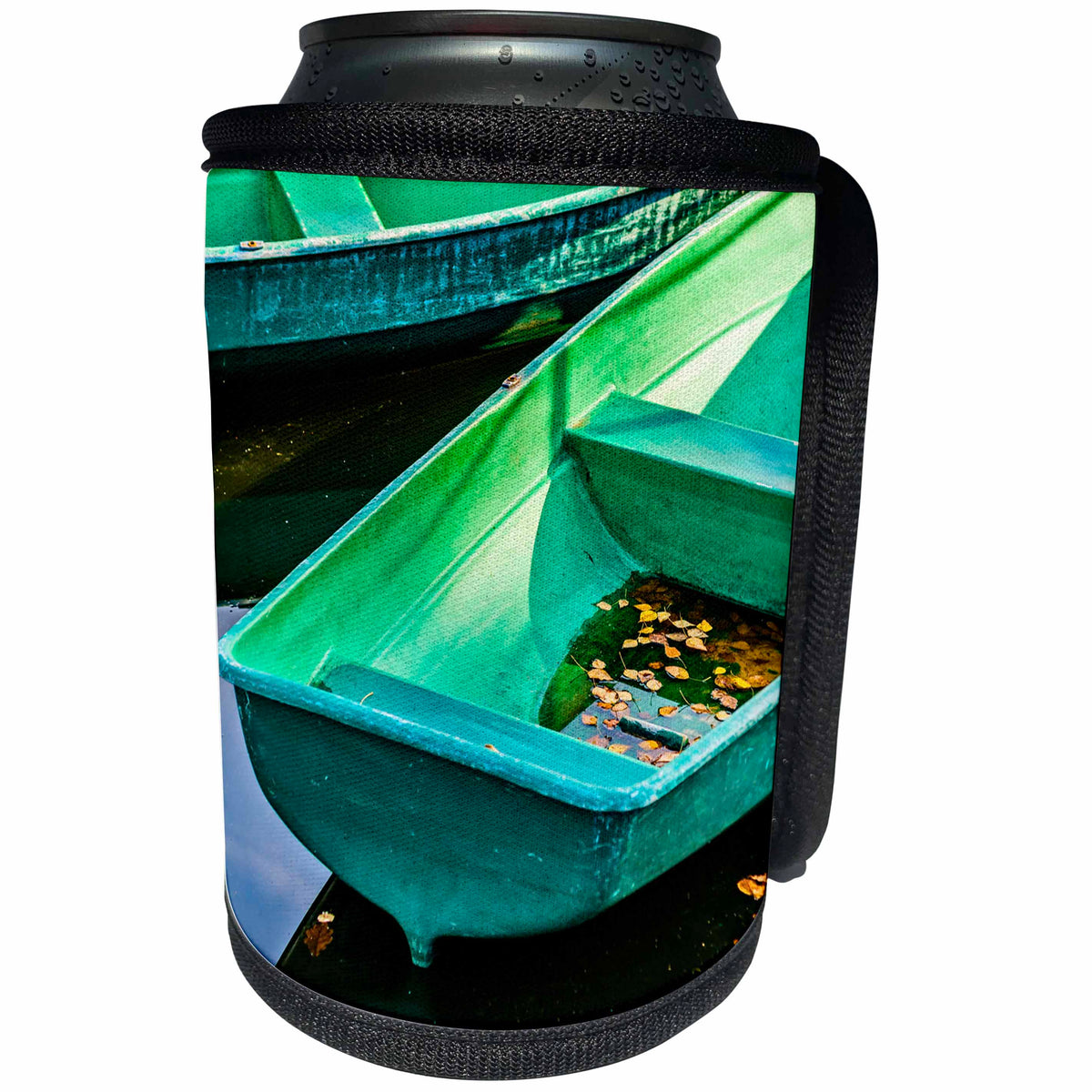 3dRose Alexis Photography - Transport Water - Water and leaves inside a green leisure boat. Golden autumn season - Can Cooler Bottle Wrap (cc_272167)