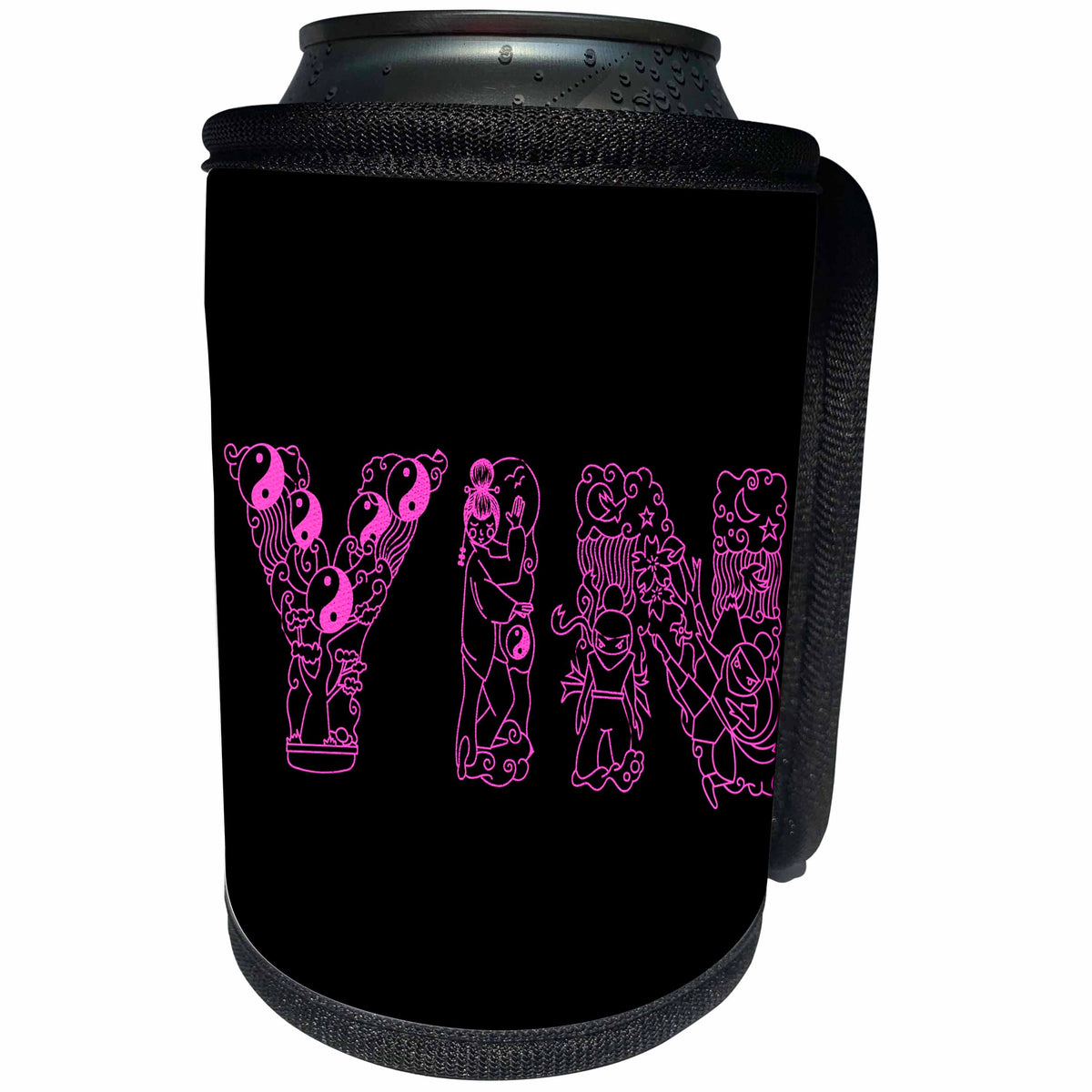 3dRose Alexis Design - Conceptual - Yin female symbol. Decorative font. Pink on black background - Can Cooler Bottle Wrap (cc_272257)