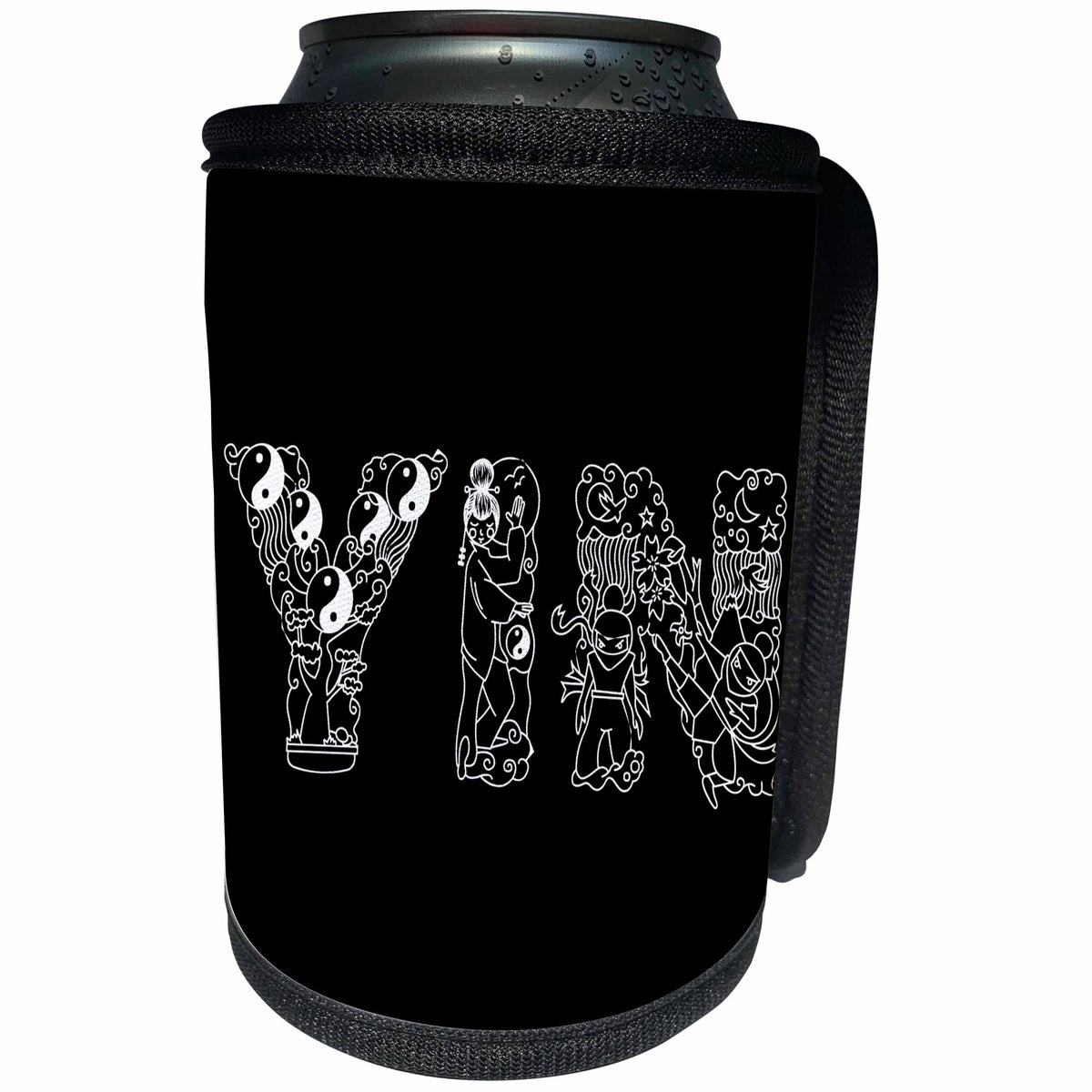 3dRose Alexis Design - Conceptual - Yin female symbol. Decorative font. White on black background - Can Cooler Bottle Wrap (cc_272259)