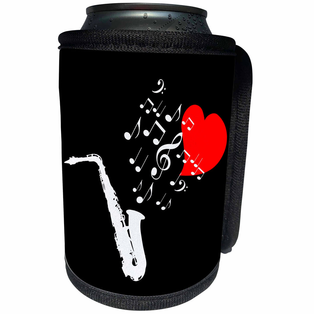 3dRose Alexis Design - Music - I love saxophone music red heart and notes on black background - Can Cooler Bottle Wrap (cc_272309)