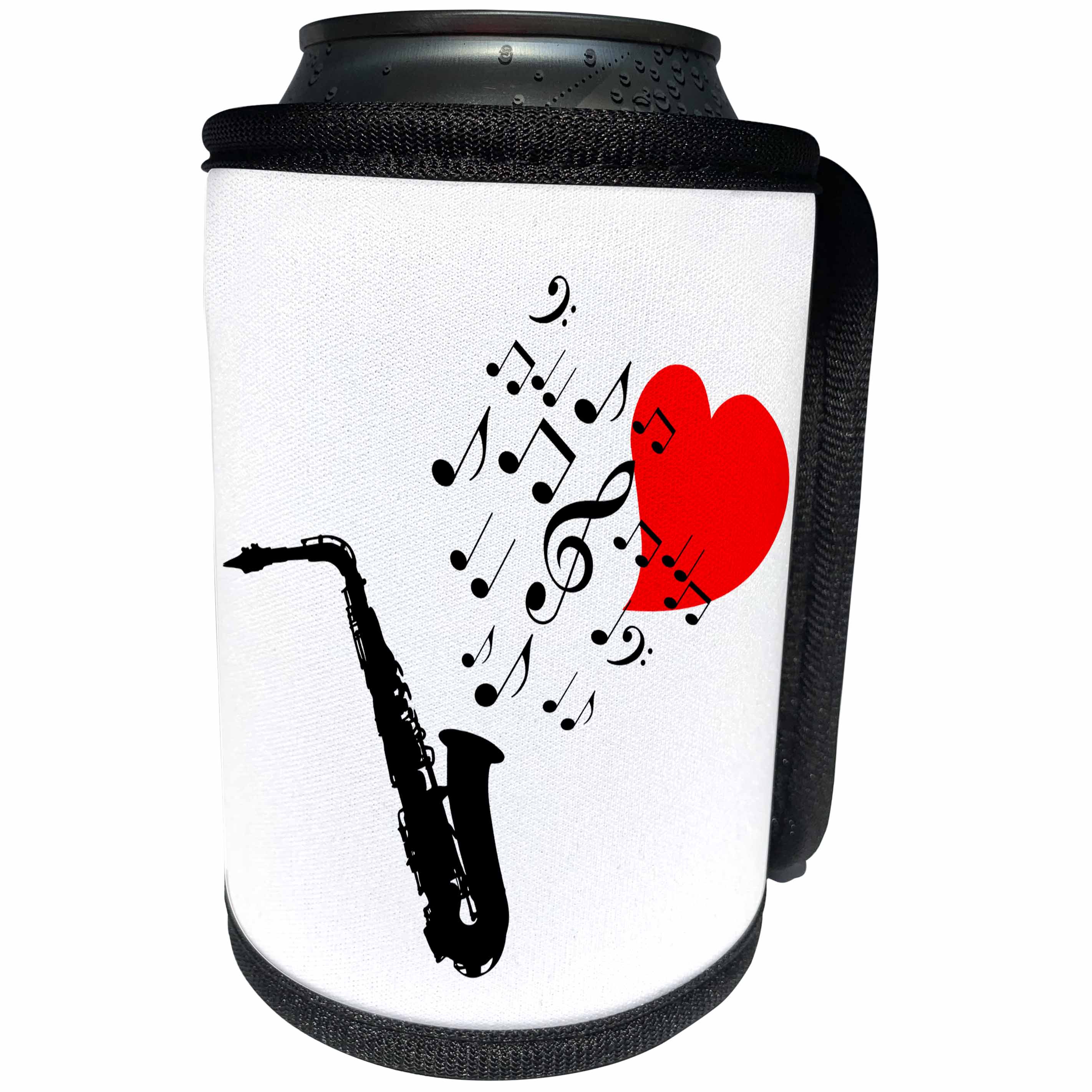 3dRose Alexis Design - Music - I love saxophone music red heart and notes on white background - Can Cooler Bottle Wrap (cc_272310)