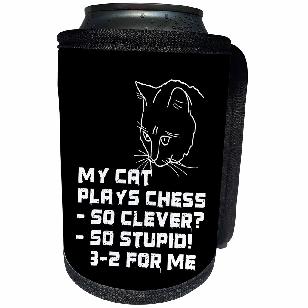 3dRose Alexis Design - Funny Cats - My cat plays chess funny white design on black background - Can Cooler Bottle Wrap (cc_272311)