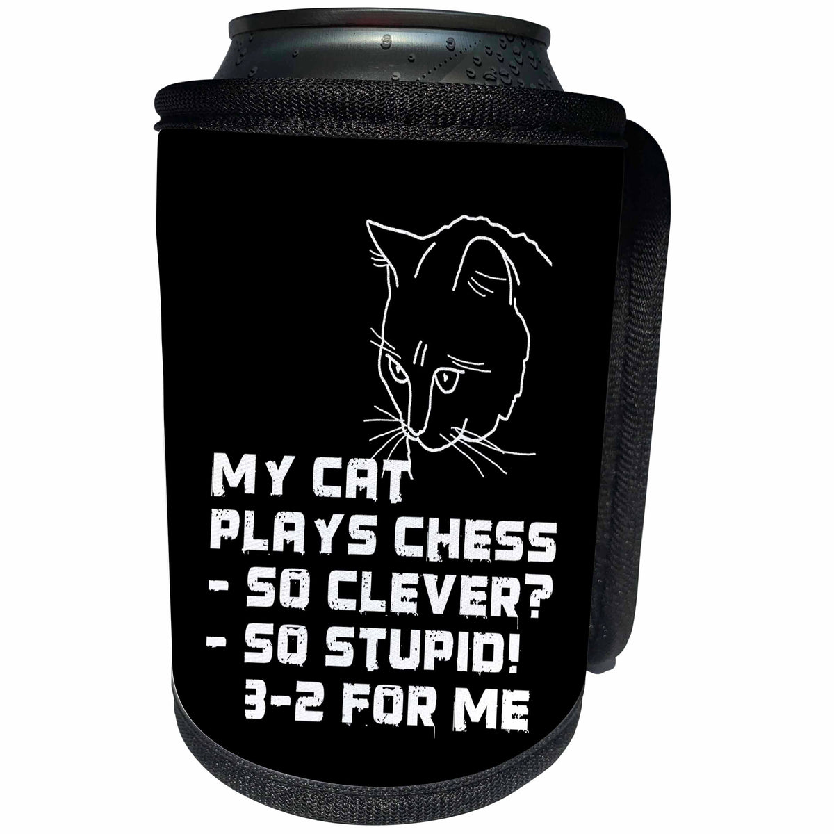 3dRose Alexis Design - Funny Cats - My cat plays chess funny white design on black background - Can Cooler Bottle Wrap (cc_272311)