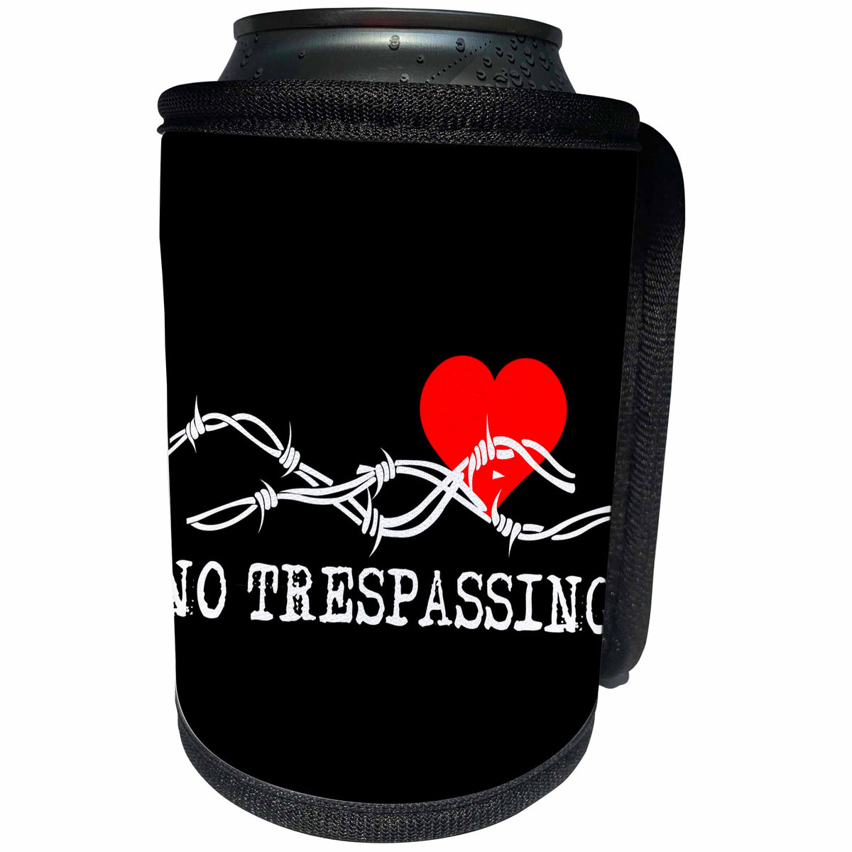3dRose Alexis Design - Love - Barbed wire, red heart, no trespassing white text on black - Can Cooler Bottle Wrap (cc_272313)