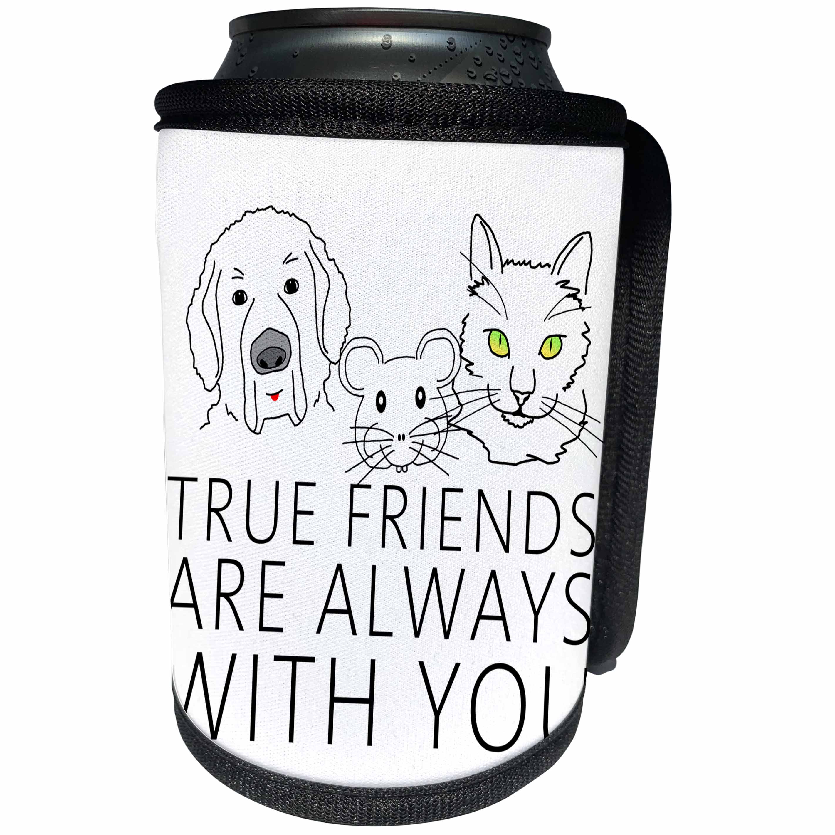 3dRose Alexis Design - Funny - Dog, cat, mouse. True friends are always with you on white - Can Cooler Bottle Wrap (cc_272316)