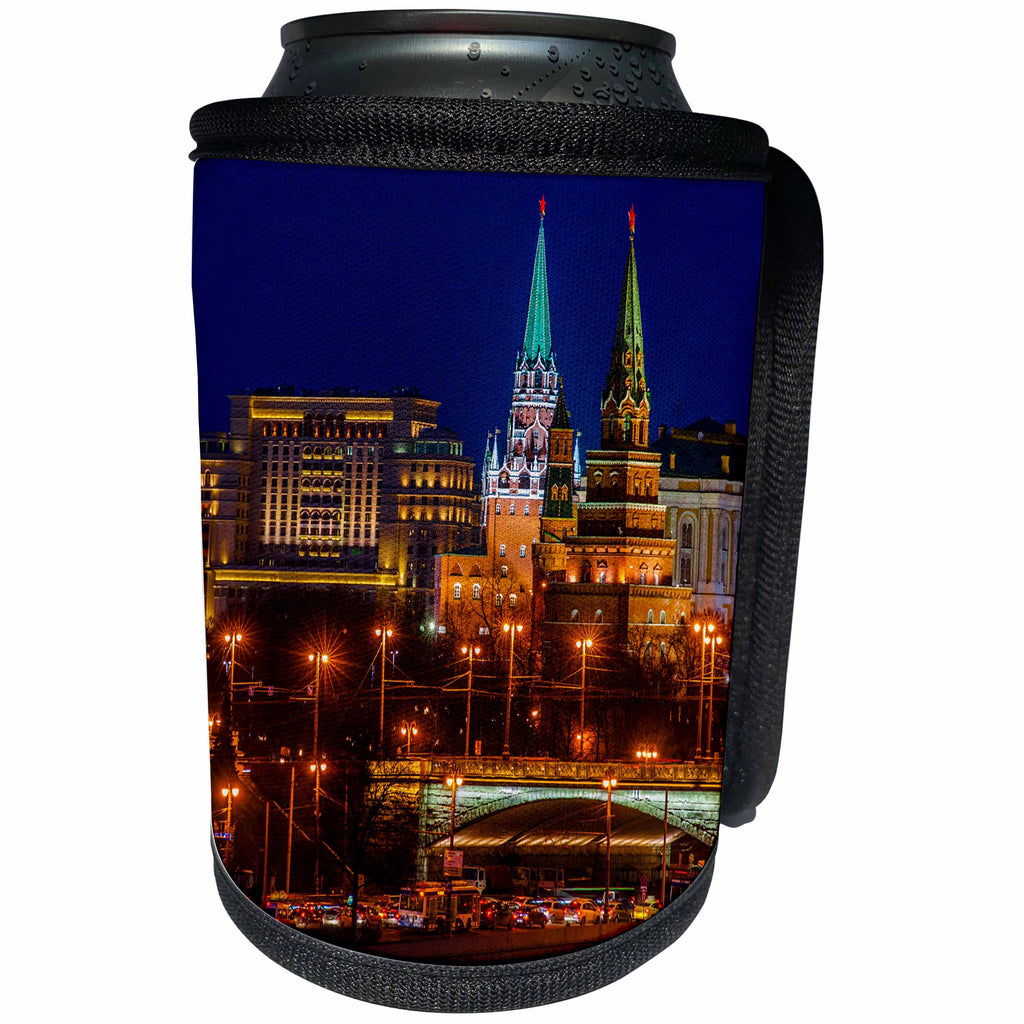 3dRose Alexis Photography - Moscow City - Moscow Kremlin towers in winter. Evening lights and heavy traffic - Can Cooler Bottle Wrap (cc_272319)