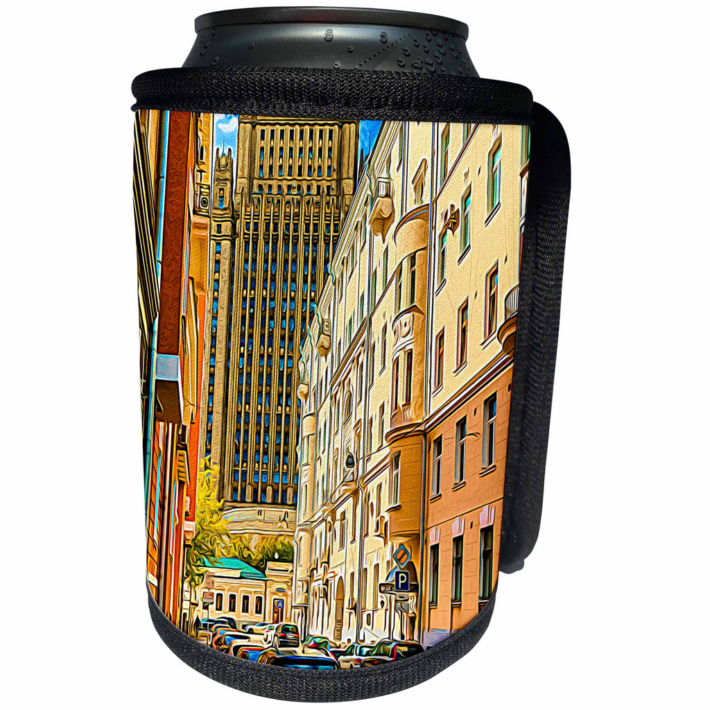 3dRose Alexis Photo-Art - Moscow City 2 - Artistic Moscow - Narrow city lane, huge skyscraper - Can Cooler Bottle Wrap (cc_272408)