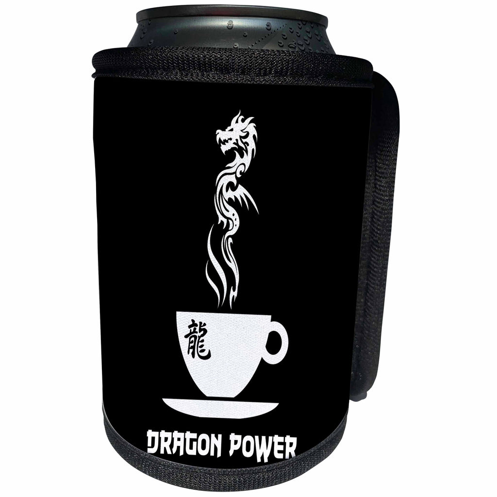 3dRose Alexis Design - Coffee - Dragon power cup of coffee on black background - Can Cooler Bottle Wrap (cc_272412)
