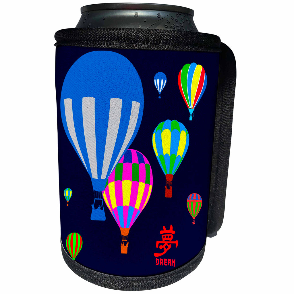 3dRose Alexis Design - Hot Air Balloon - Colorful toy balloons in the air, hieroglyph Dream, blue backdrop - Can Cooler Bottle Wrap (cc_272452)
