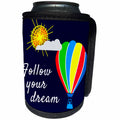 3dRose Alexis Design - Hot Air Balloon - Colorful hot air balloon, sun, text Follow your dream on blue - Can Cooler Bottle Wrap (cc_272454)