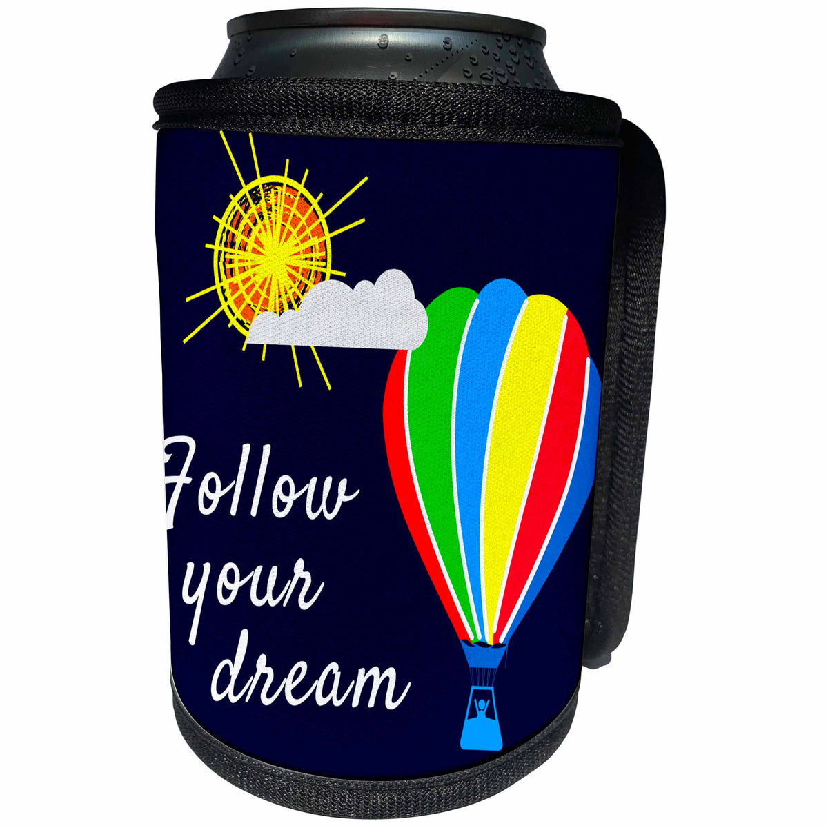 3dRose Alexis Design - Hot Air Balloon - Colorful hot air balloon, sun, text Follow your dream on blue - Can Cooler Bottle Wrap (cc_272454)