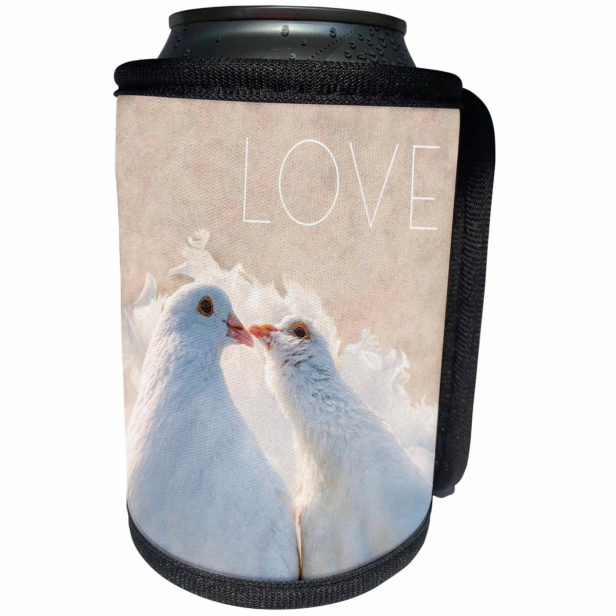 3dRose Alexis Photography - Birds - Kissing dowes of white colors, beige background, text LOVE - Can Cooler Bottle Wrap (cc_272486)