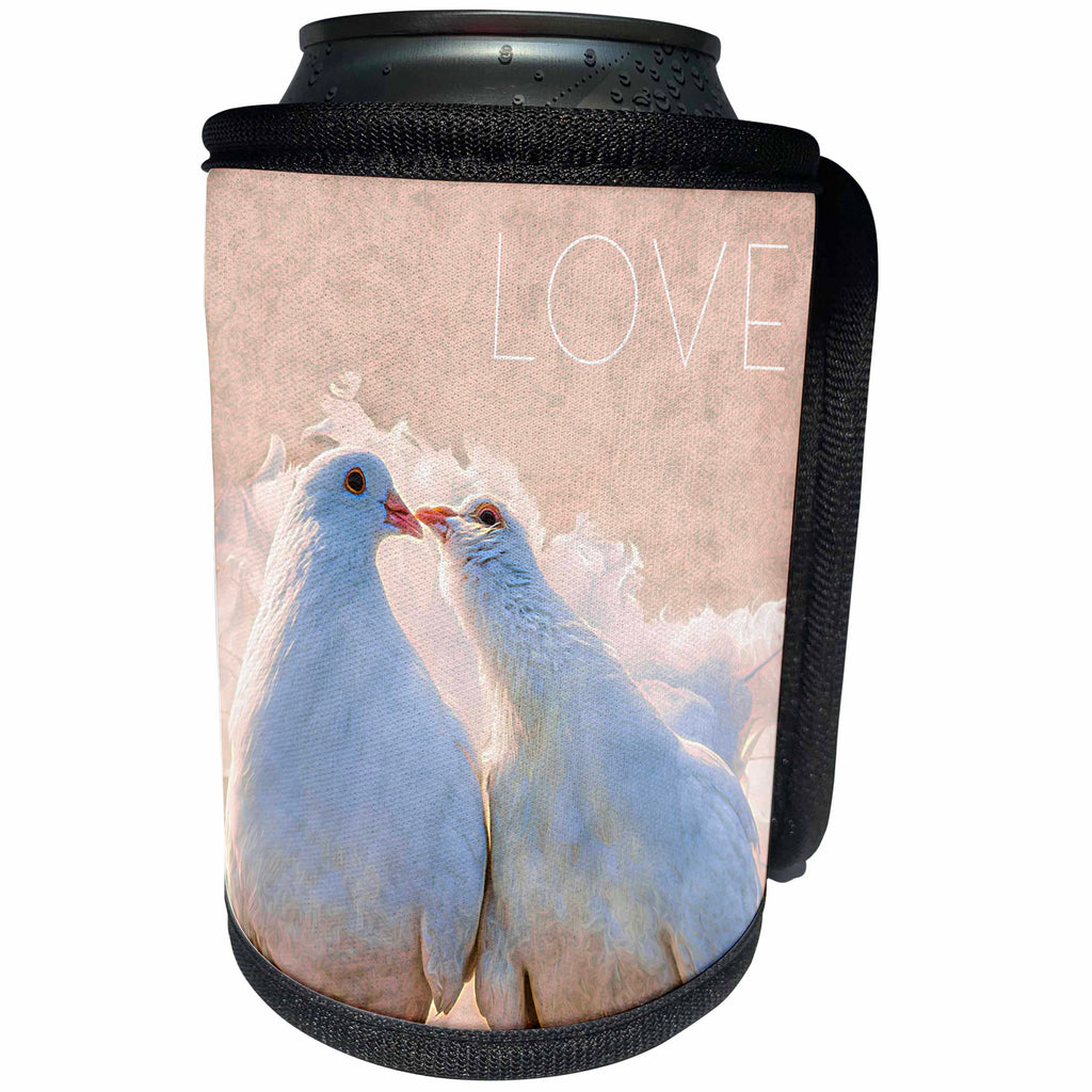3dRose Alexis Photo-Art - Birds - Kissing doves photo art, beige background, text LOVE - Can Cooler Bottle Wrap (cc_272489)