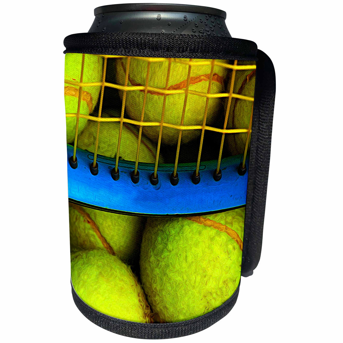 3dRose Alexis Photo-Art - Objects - Yellow tennis balls, blue tennis racket. Digital painting - Can Cooler Bottle Wrap (cc_272504)