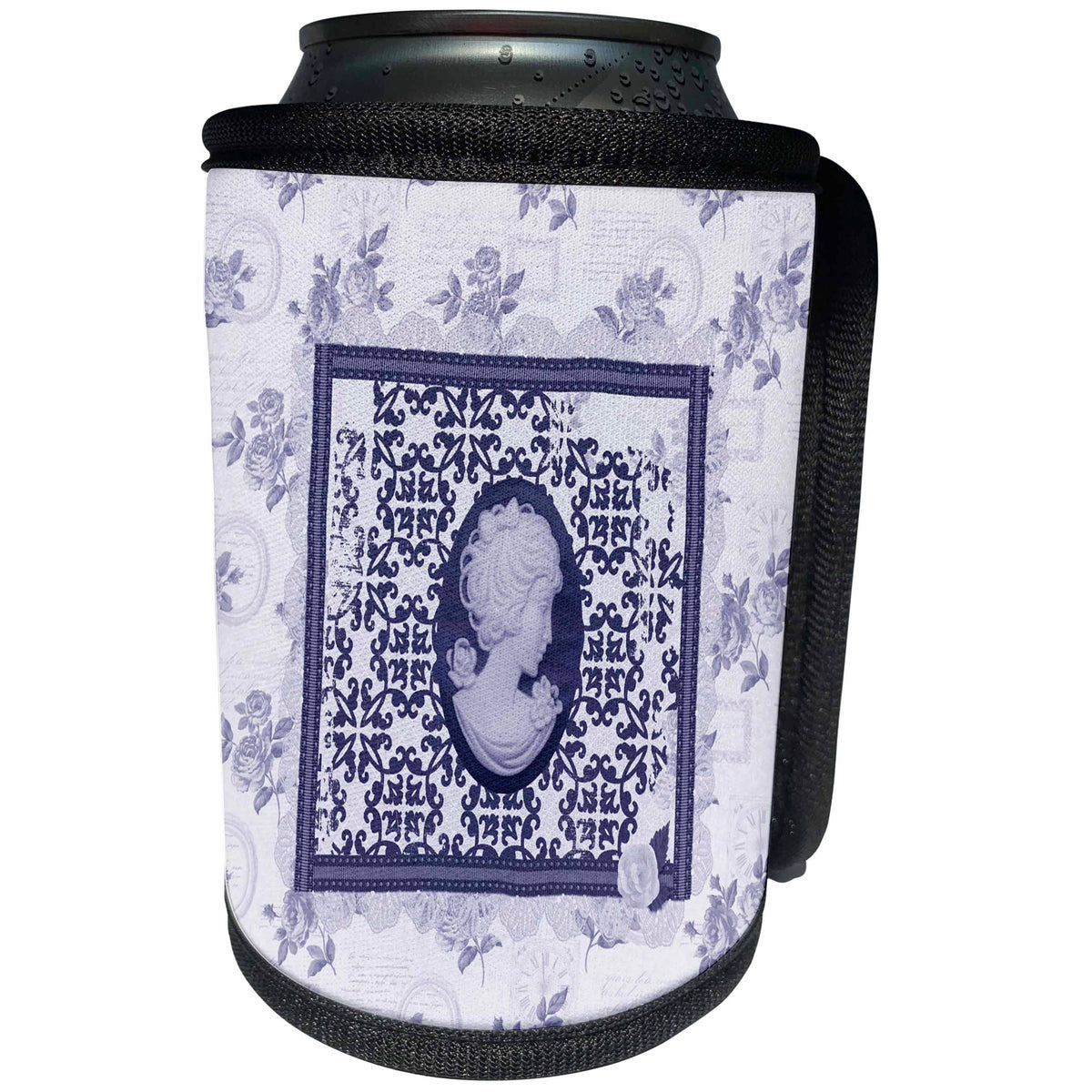 3dRose Beverly Turner Cameo Design - Purple Cameo in Damask Frame, Rose Background - Can Cooler Bottle Wrap (cc_272622)