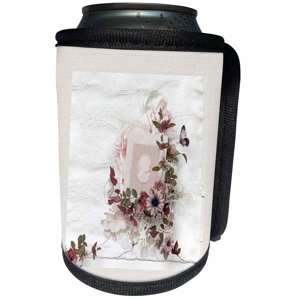 3dRose Beverly Turner Cameo Design - Cameo in Square Frame Surrounded by Flowers, Pink, Distressed Paper - Can Cooler Bottle Wrap (cc_272623)