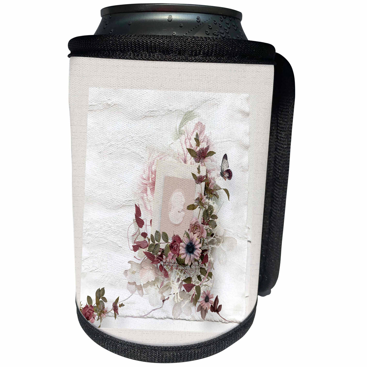 3dRose Beverly Turner Cameo Design - Cameo in Square Frame Surrounded by Flowers, Pink, Distressed Paper - Can Cooler Bottle Wrap (cc_272623)