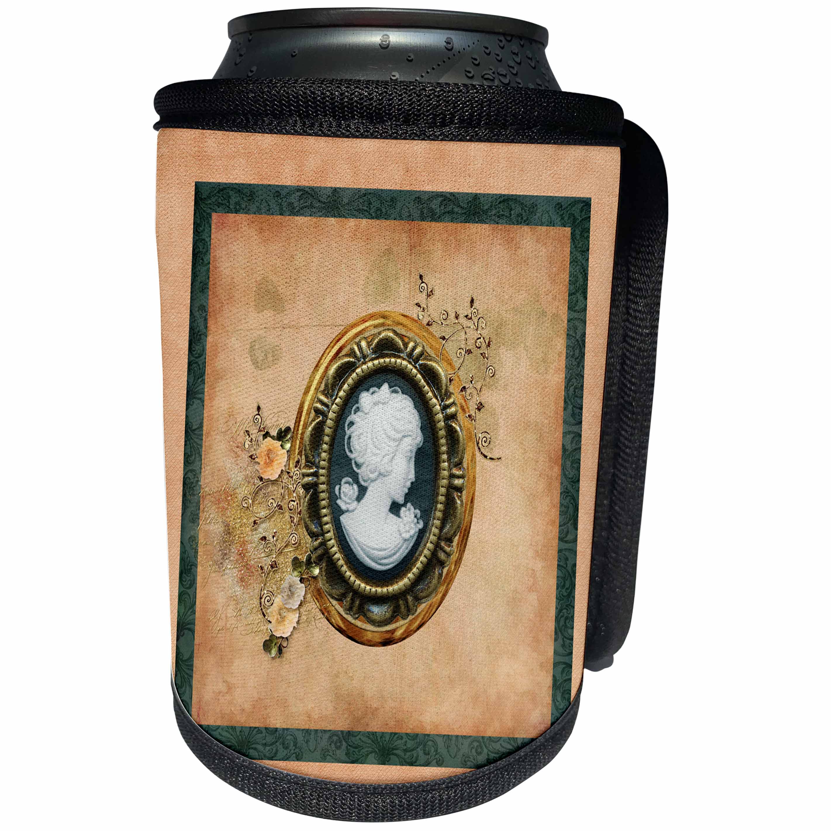 3dRose Beverly Turner Cameo Design - Cameo in Oval Gold Frame, Leaves, Flower Accents, Coral, Peach, Green - Can Cooler Bottle Wrap (cc_272628)