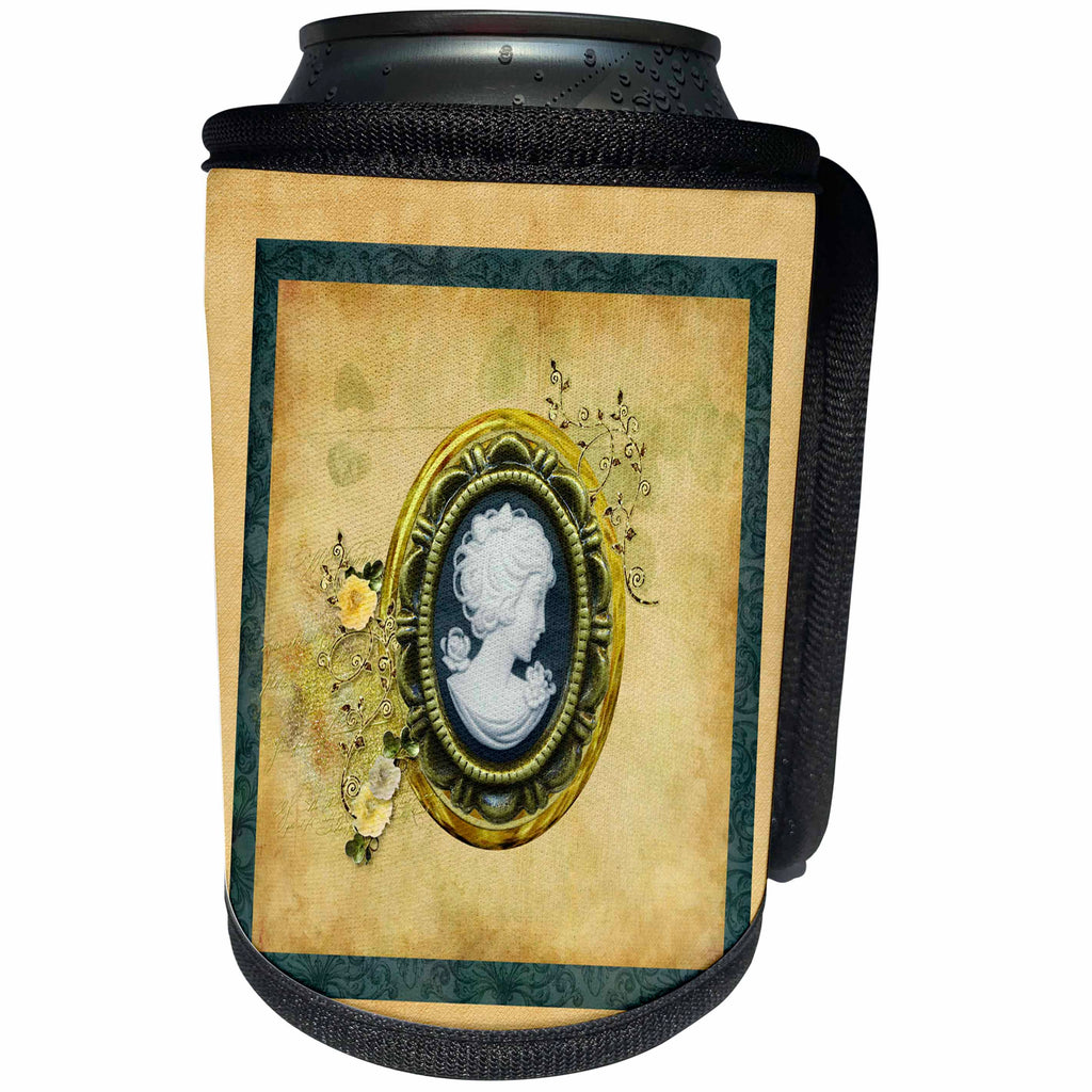 3dRose Beverly Turner Cameo Design - Cameo in Oval Gold Frame, Leaves, Flower Accents, Yellow, Green - Can Cooler Bottle Wrap (cc_272629)