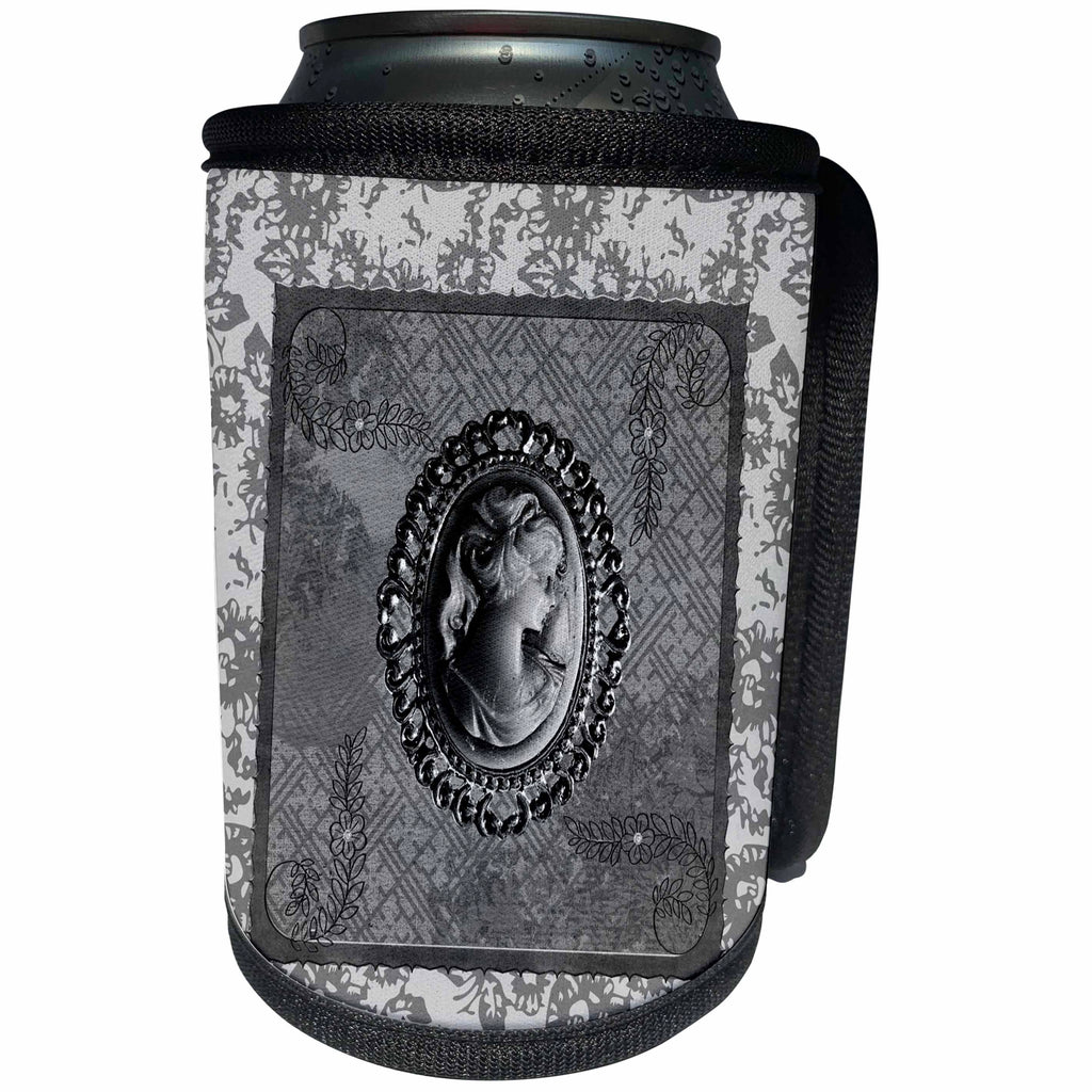 3dRose Beverly Turner Cameo Design - Cameo in Oval Vintage Frame, Abstract Brown Design, Flowers, Gray - Can Cooler Bottle Wrap (cc_272637)