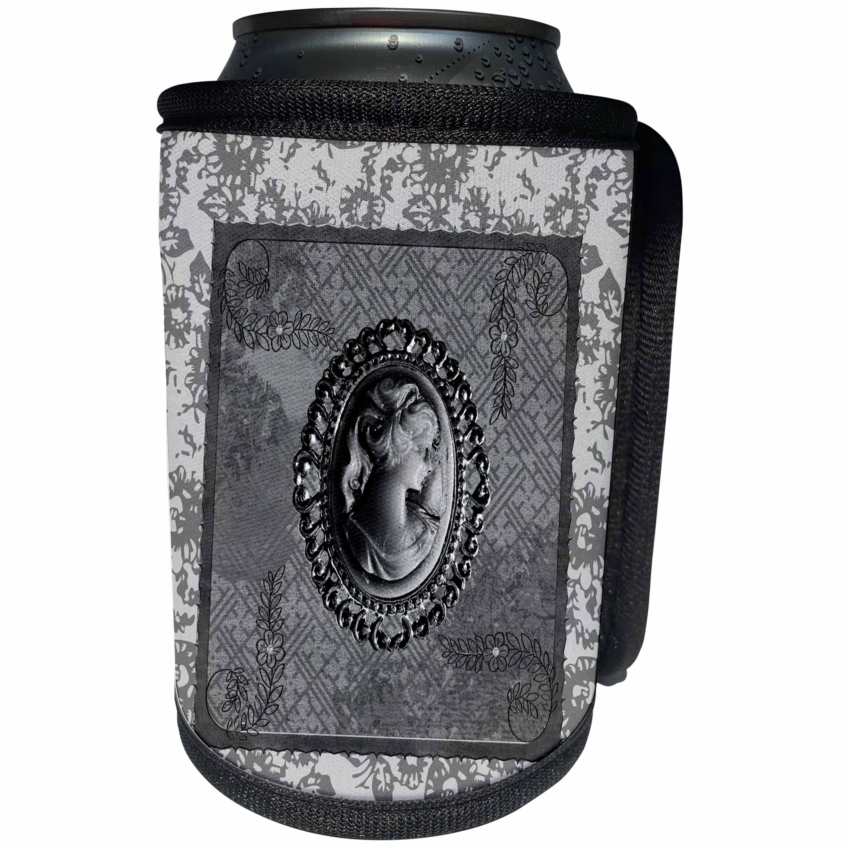 3dRose Beverly Turner Cameo Design - Cameo in Oval Vintage Frame, Abstract Brown Design, Flowers, Gray - Can Cooler Bottle Wrap (cc_272637)