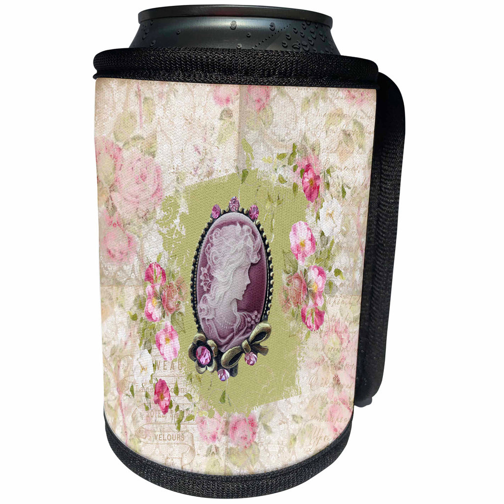 3dRose Beverly Turner Cameo Design - Flowers Surrounding Cameo with Jewel and Bow Look, Pink - Can Cooler Bottle Wrap (cc_272638)