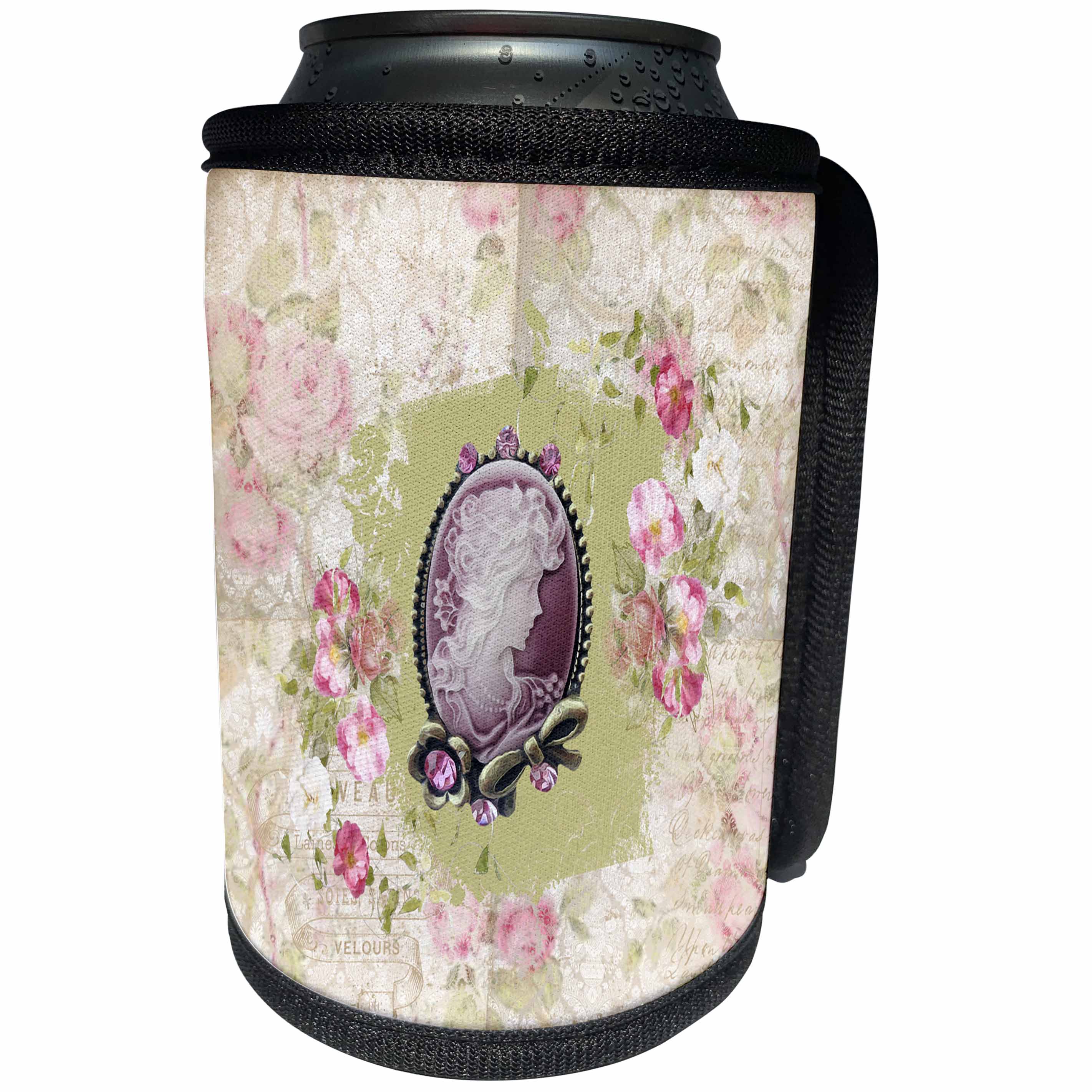 3dRose Beverly Turner Cameo Design - Flowers Surrounding Cameo with Jewel and Bow Look, Pink - Can Cooler Bottle Wrap (cc_272638)