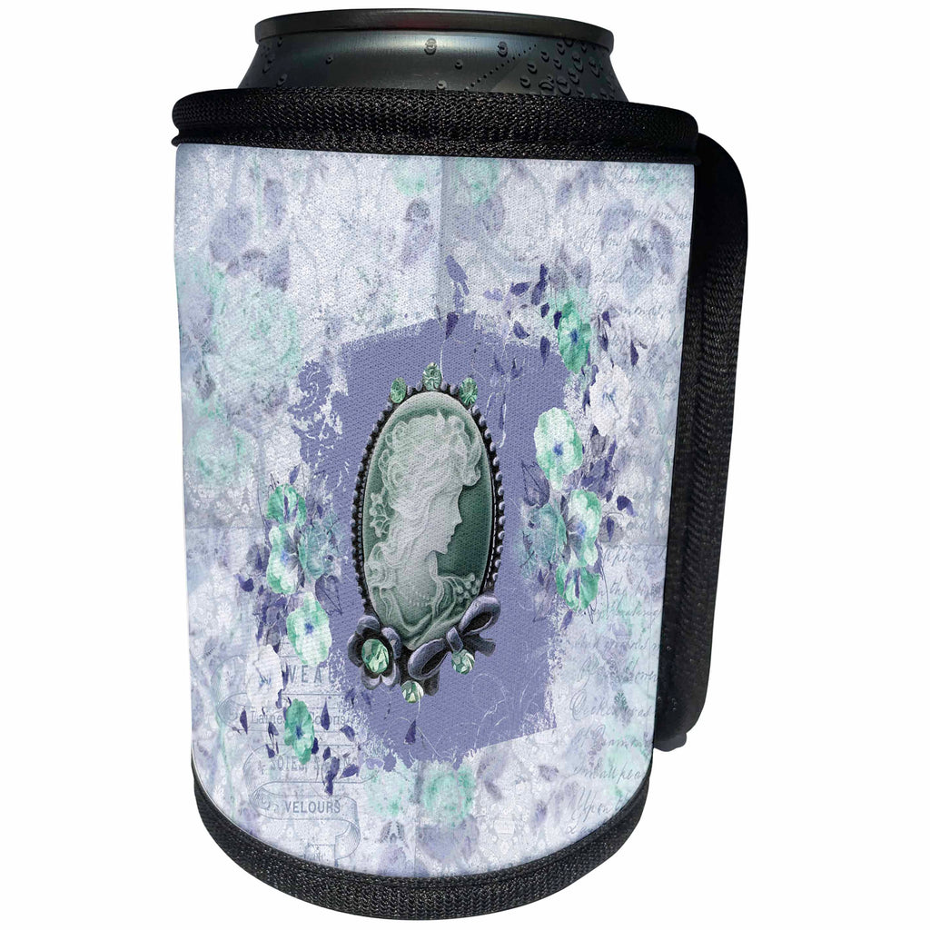 3dRose Beverly Turner Cameo Design - Flowers Surrounding Cameo with Jewel and Bow Look, Lavender - Can Cooler Bottle Wrap (cc_272639)