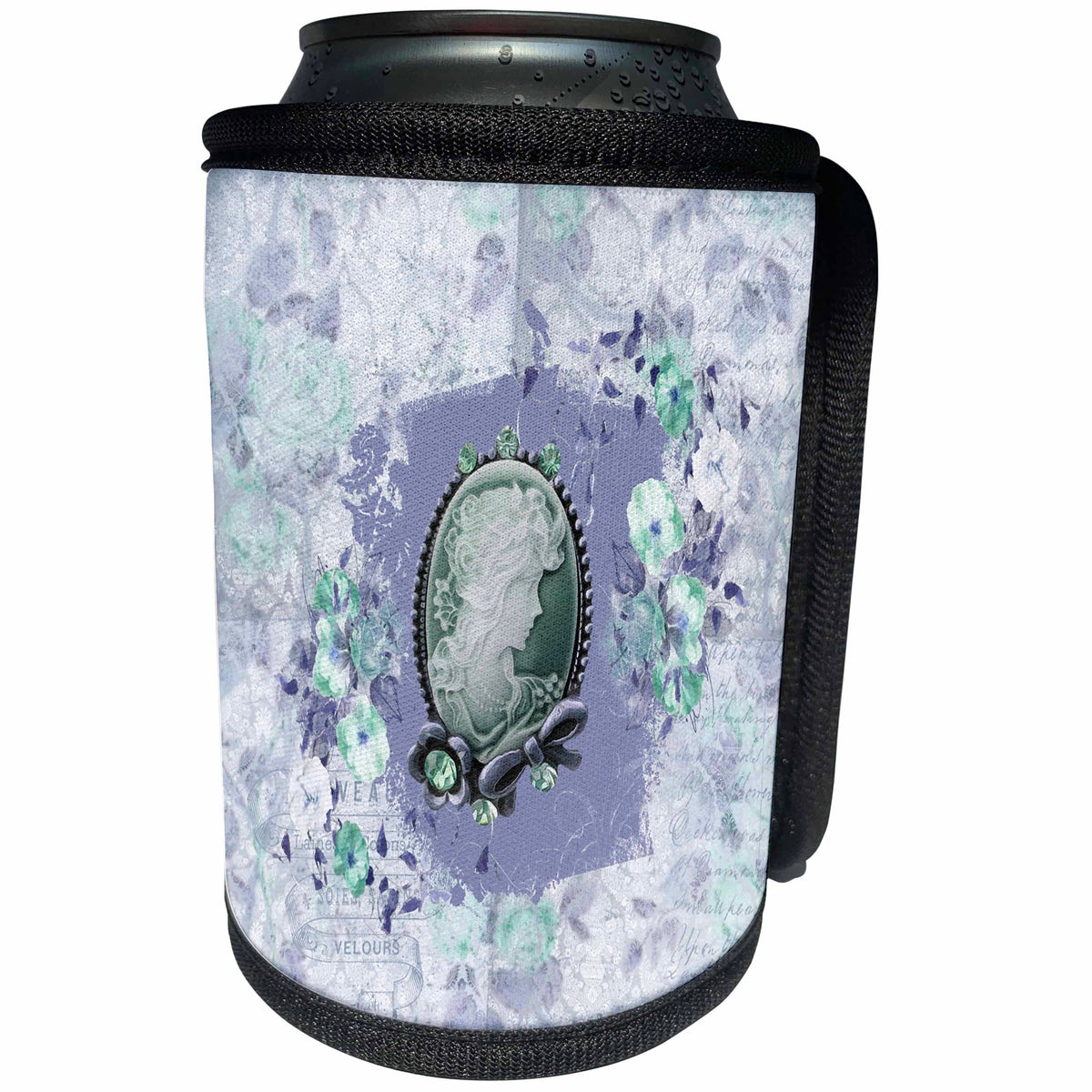 3dRose Beverly Turner Cameo Design - Flowers Surrounding Cameo with Jewel and Bow Look, Lavender - Can Cooler Bottle Wrap (cc_272639)