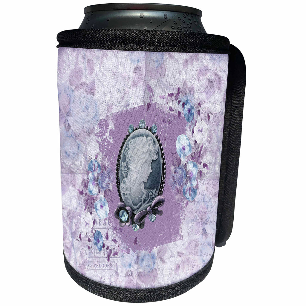 3dRose Beverly Turner Cameo Design - Flowers Surrounding Cameo with Jewel and Bow Look, Purple - Can Cooler Bottle Wrap (cc_272640)