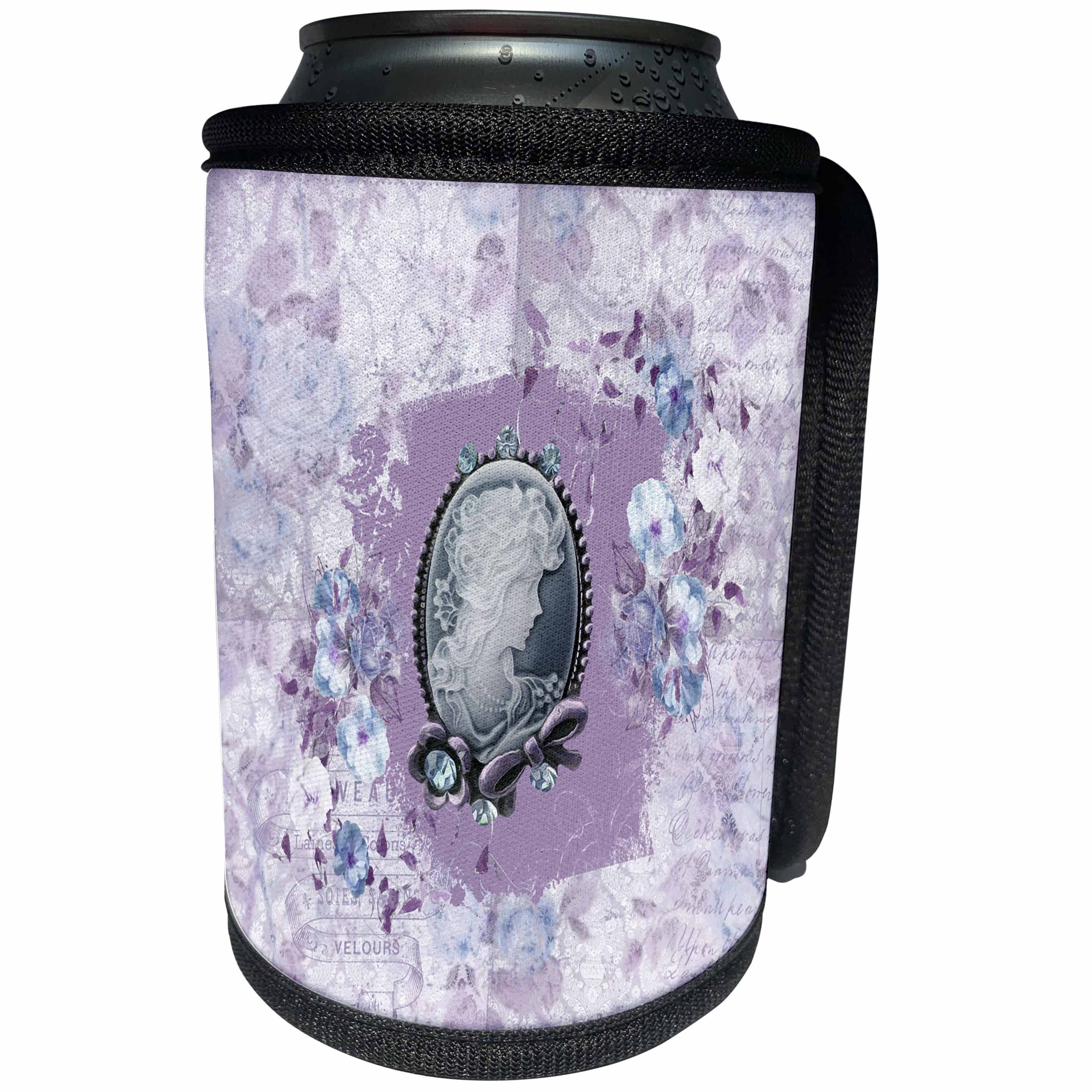 3dRose Beverly Turner Cameo Design - Flowers Surrounding Cameo with Jewel and Bow Look, Purple - Can Cooler Bottle Wrap (cc_272640)
