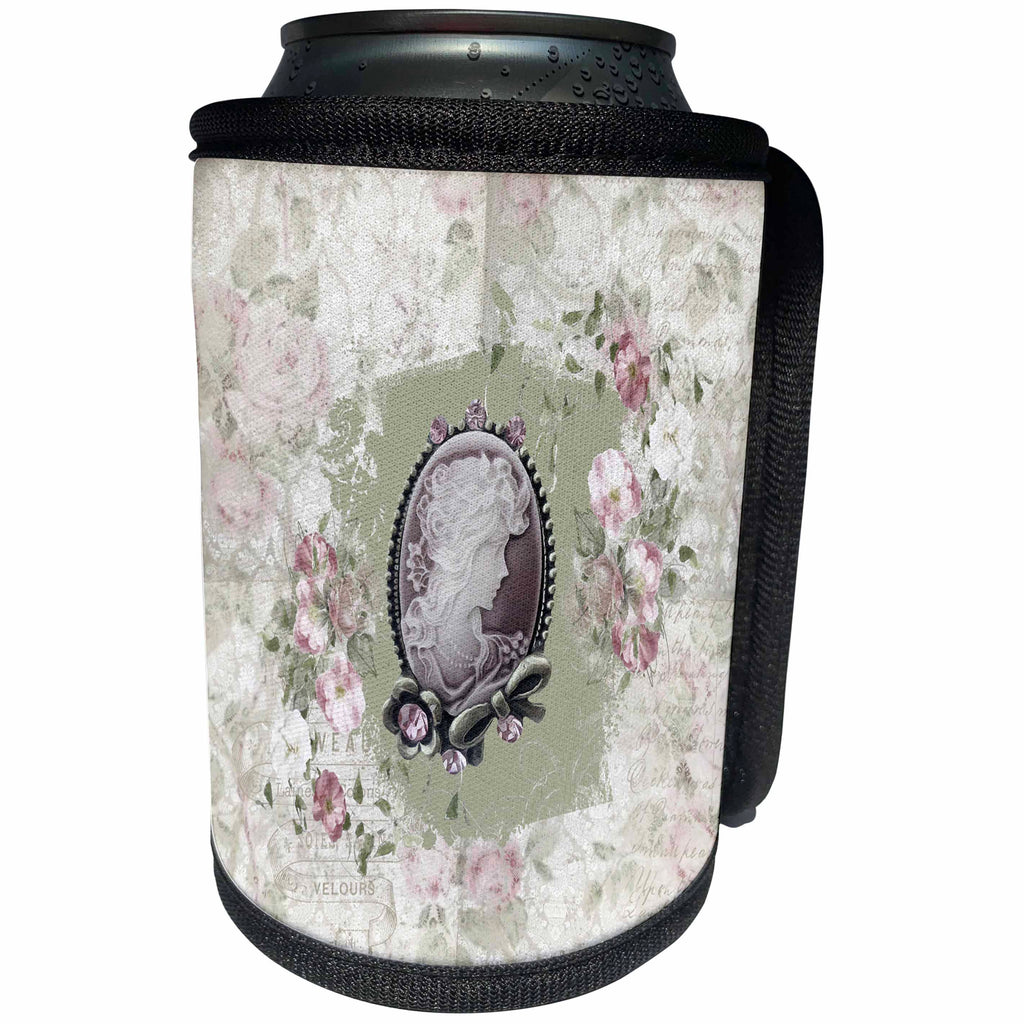 3dRose Beverly Turner Cameo Design - Flowers Surrounding Cameo with Jewel and Bow Look, Sage Green - Can Cooler Bottle Wrap (cc_272642)