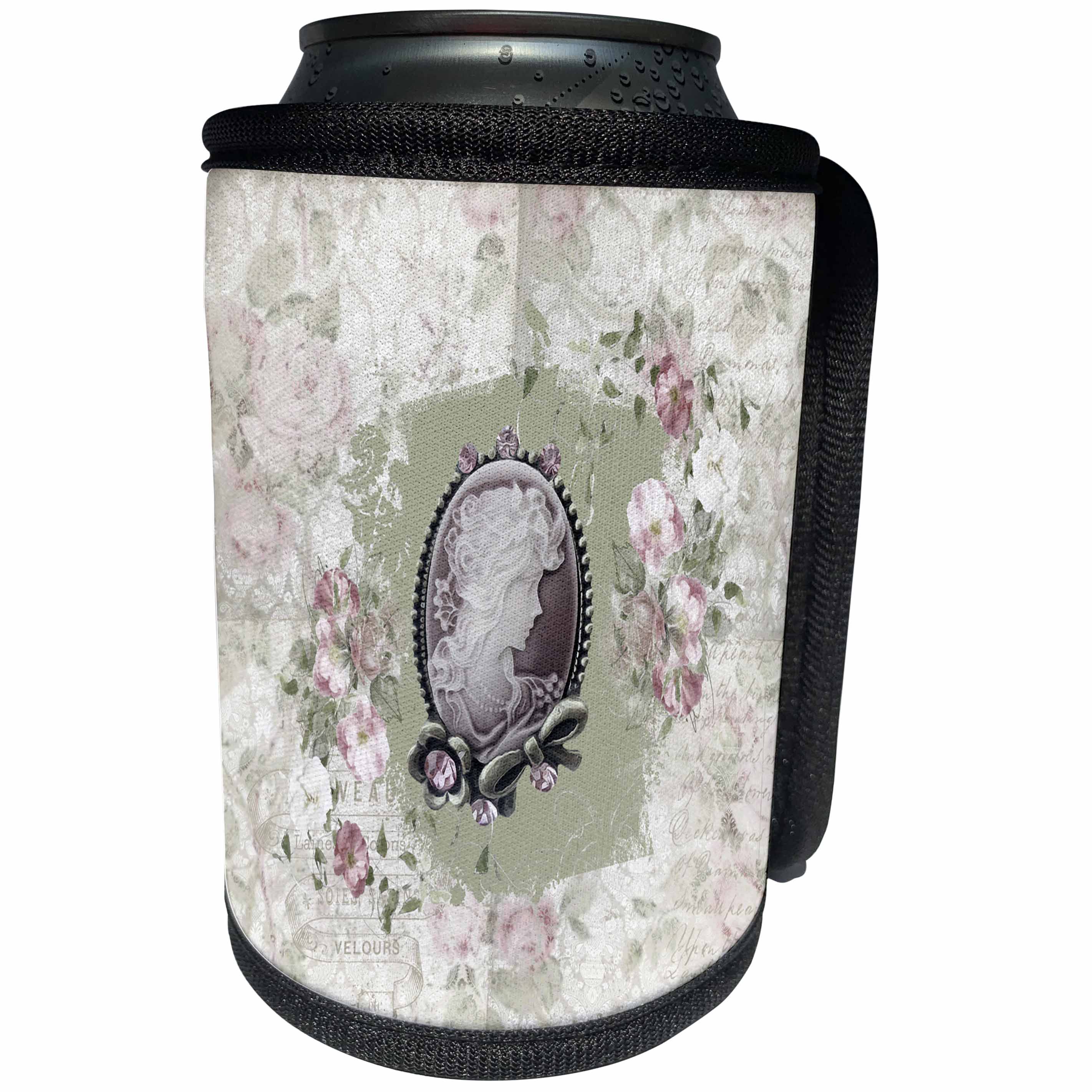 3dRose Beverly Turner Cameo Design - Flowers Surrounding Cameo with Jewel and Bow Look, Sage Green - Can Cooler Bottle Wrap (cc_272642)