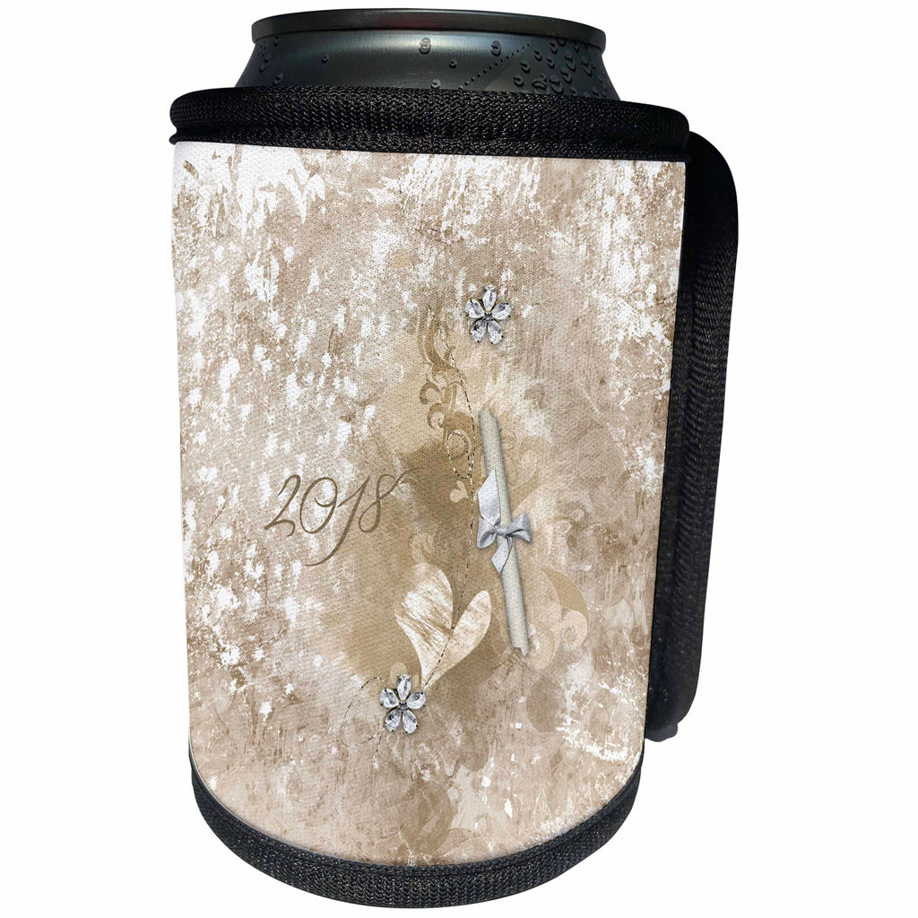 3dRose Beverly Turner Graduation Design - Graduation, 2018, Diploma, Hearts, Crystal Flower, Sepia - Can Cooler Bottle Wrap (cc_272644)