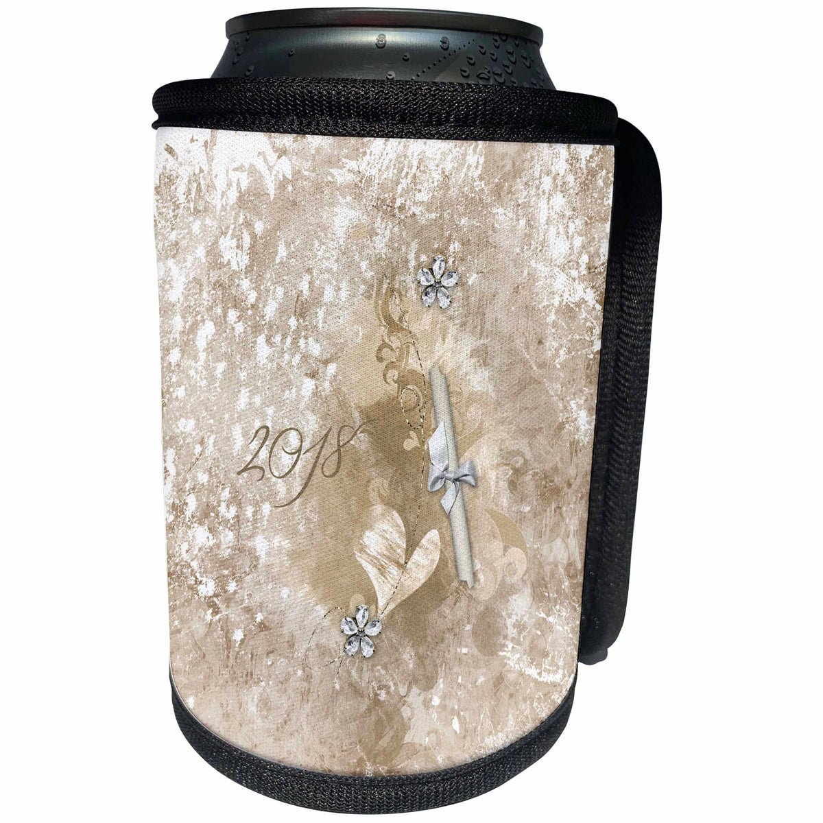 3dRose Beverly Turner Graduation Design - Graduation, 2018, Diploma, Hearts, Crystal Flower, Sepia - Can Cooler Bottle Wrap (cc_272644)