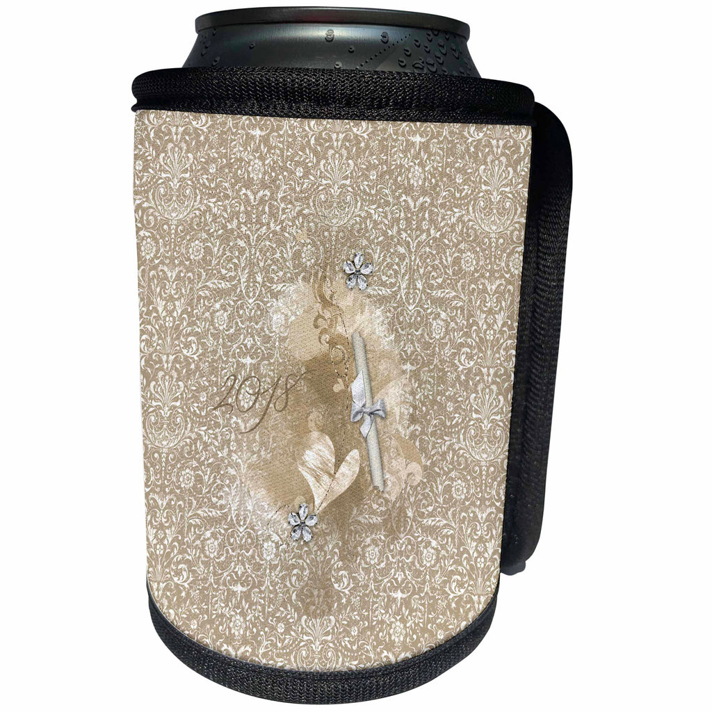 3dRose Beverly Turner Graduation Design - Graduation, 2018, Diploma, Hearts, Crystal Flower, Damask, Sepia - Can Cooler Bottle Wrap (cc_272645)