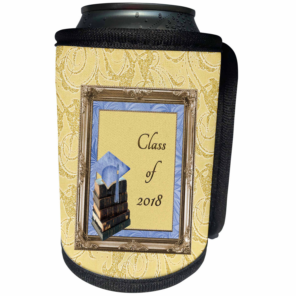 3dRose Beverly Turner Graduation Design - Blue Cap on Books, Frame, Class of 2018, Gold Swirl Design - Can Cooler Bottle Wrap (cc_272646)