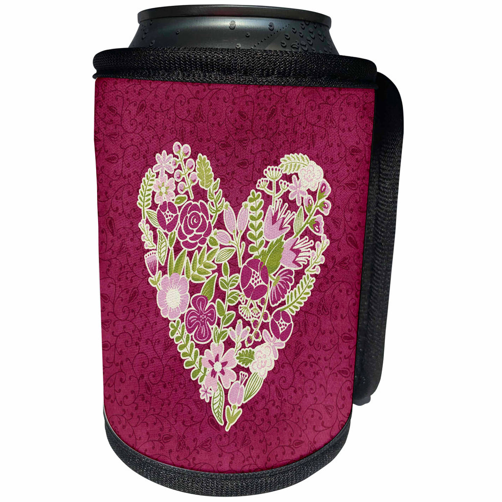 3dRose Beverly Turner Heart Design - Pretty Flower Heart of Flowers, Pink - Can Cooler Bottle Wrap (cc_272648)