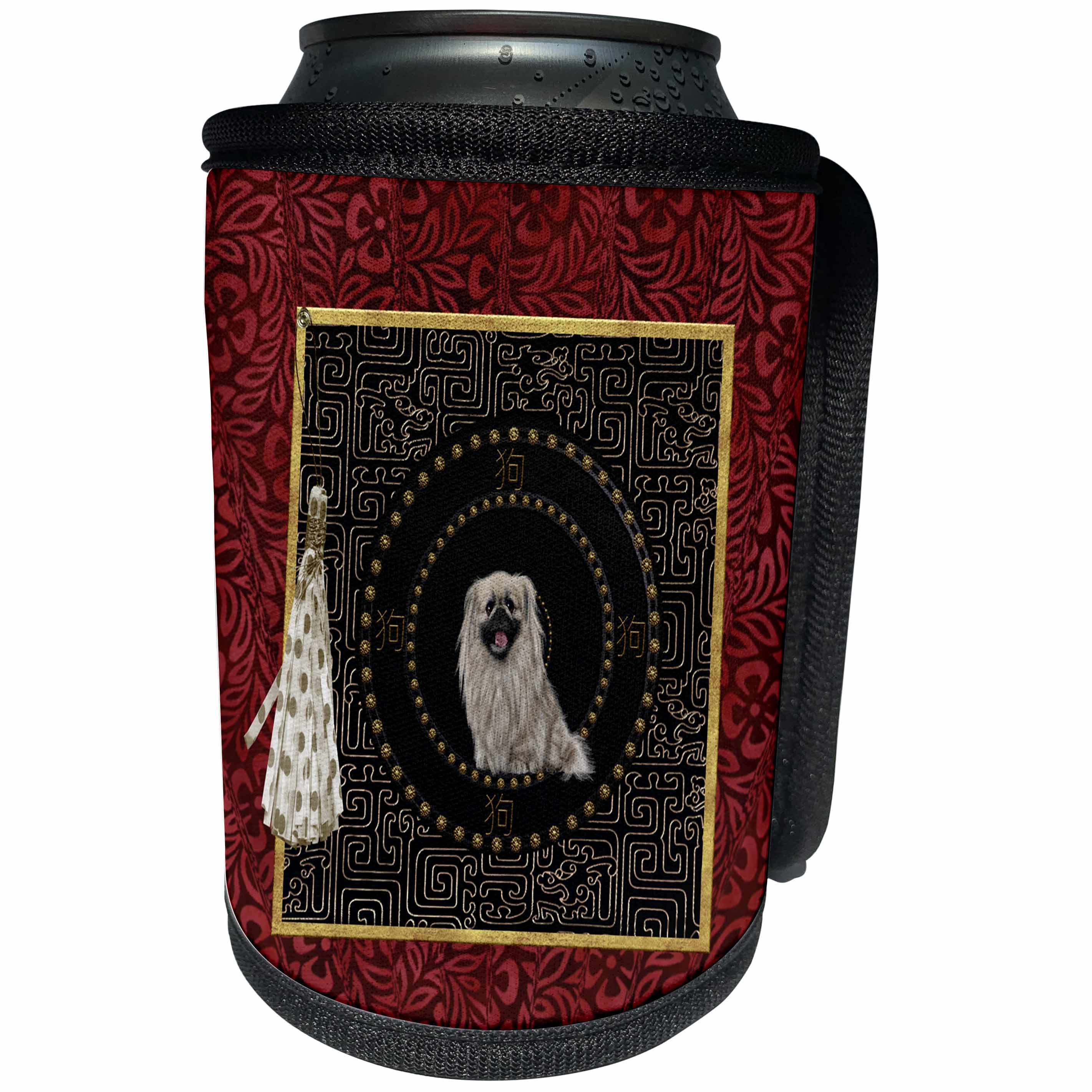 3dRose Beverly Turner Chinese New Year Design - Pekingese Dog, Round Shape, Dog in Chinese, Tassel with Dots, Leaves - Can Cooler Bottle Wrap (cc_272650)