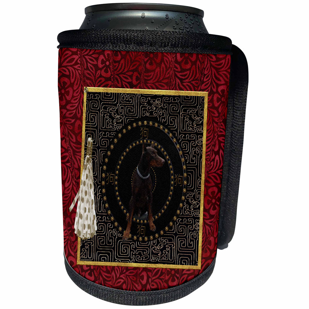 3dRose Beverly Turner Chinese New Year Design - Doberman Pinscher, Round Shape, Dog in Chinese, Tassel, Dots, Leaves - Can Cooler Bottle Wrap (cc_272652)