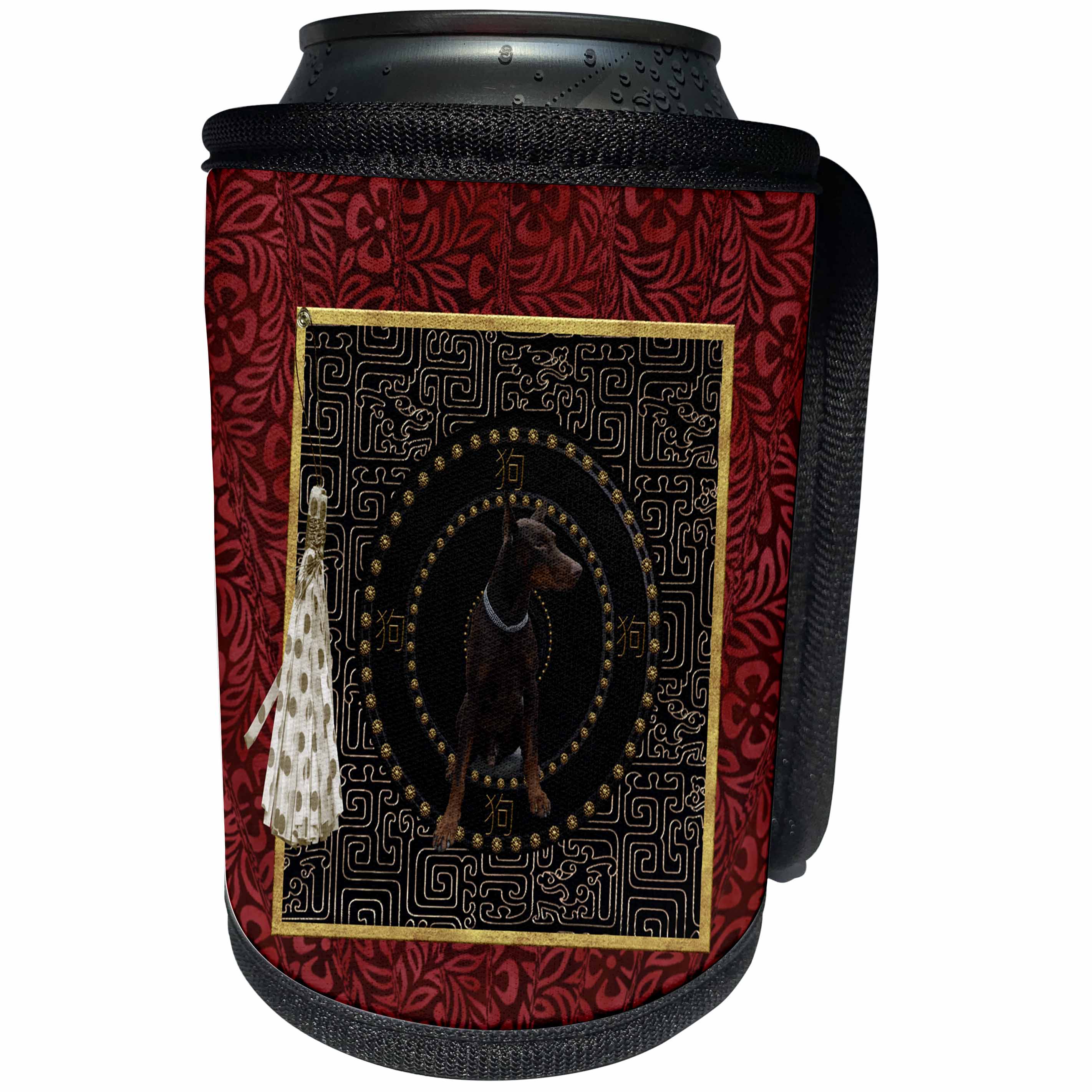 3dRose Beverly Turner Chinese New Year Design - Doberman Pinscher, Round Shape, Dog in Chinese, Tassel, Dots, Leaves - Can Cooler Bottle Wrap (cc_272652)