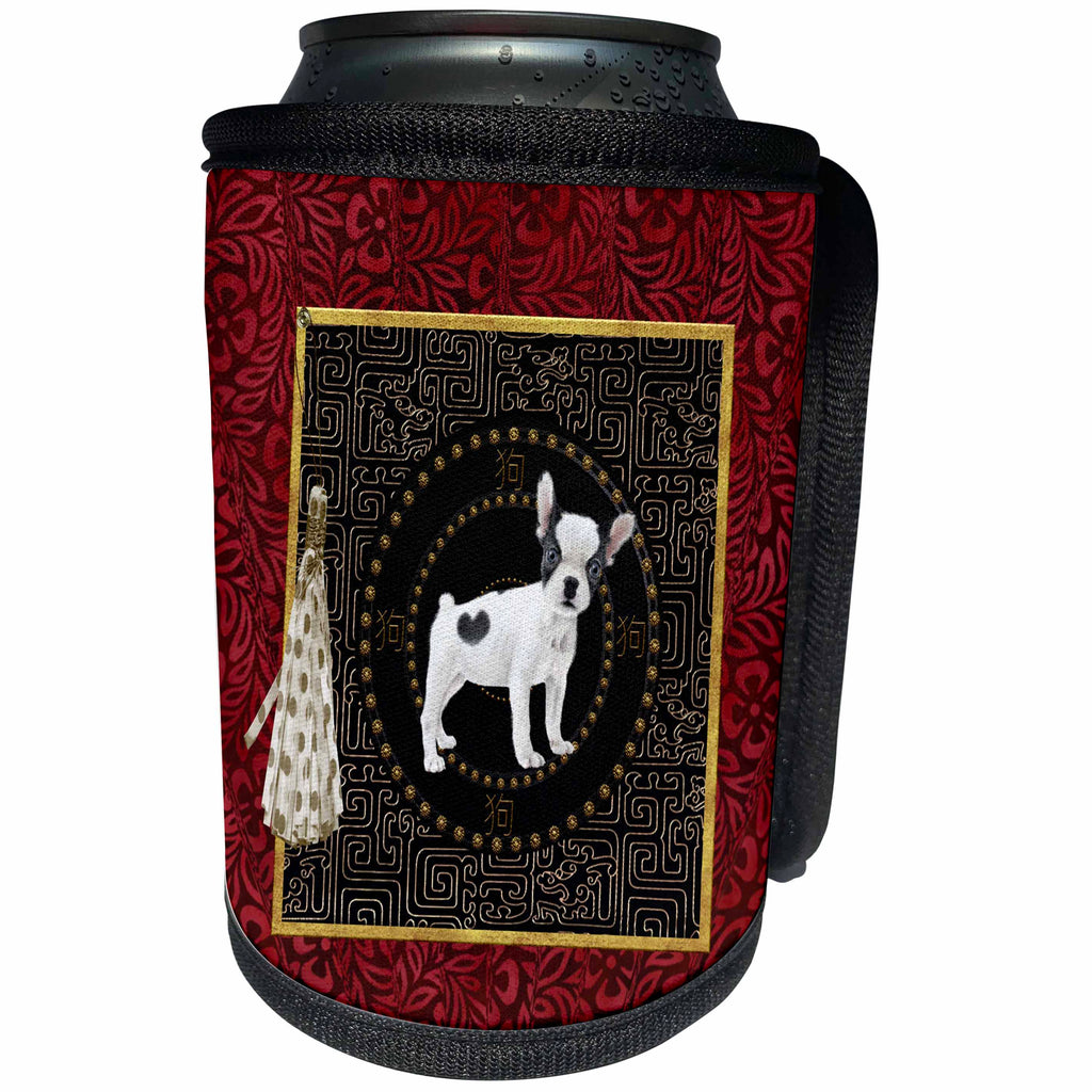 3dRose Beverly Turner Chinese New Year Design - Jack Russell Terriers, Round Shape, Sign Chinese, Tassel, Dots, Leaves - Can Cooler Bottle Wrap (cc_272653)